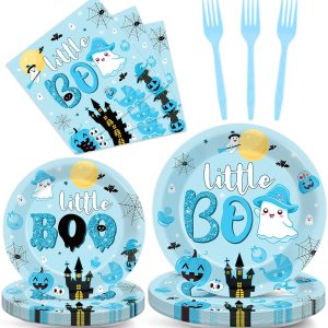 ZOIIWA Juego de 96 piezas de vajilla de Halloween Little Boo Baby Shower para niños, suministros de fiesta de fantasmas para 24 invitados, platos ZOIIWA Juego de 96 piezas de vajilla de Halloween Little Boo Baby Shower para niños, suministros de fiesta de fantasmas para 24 invitados, platos