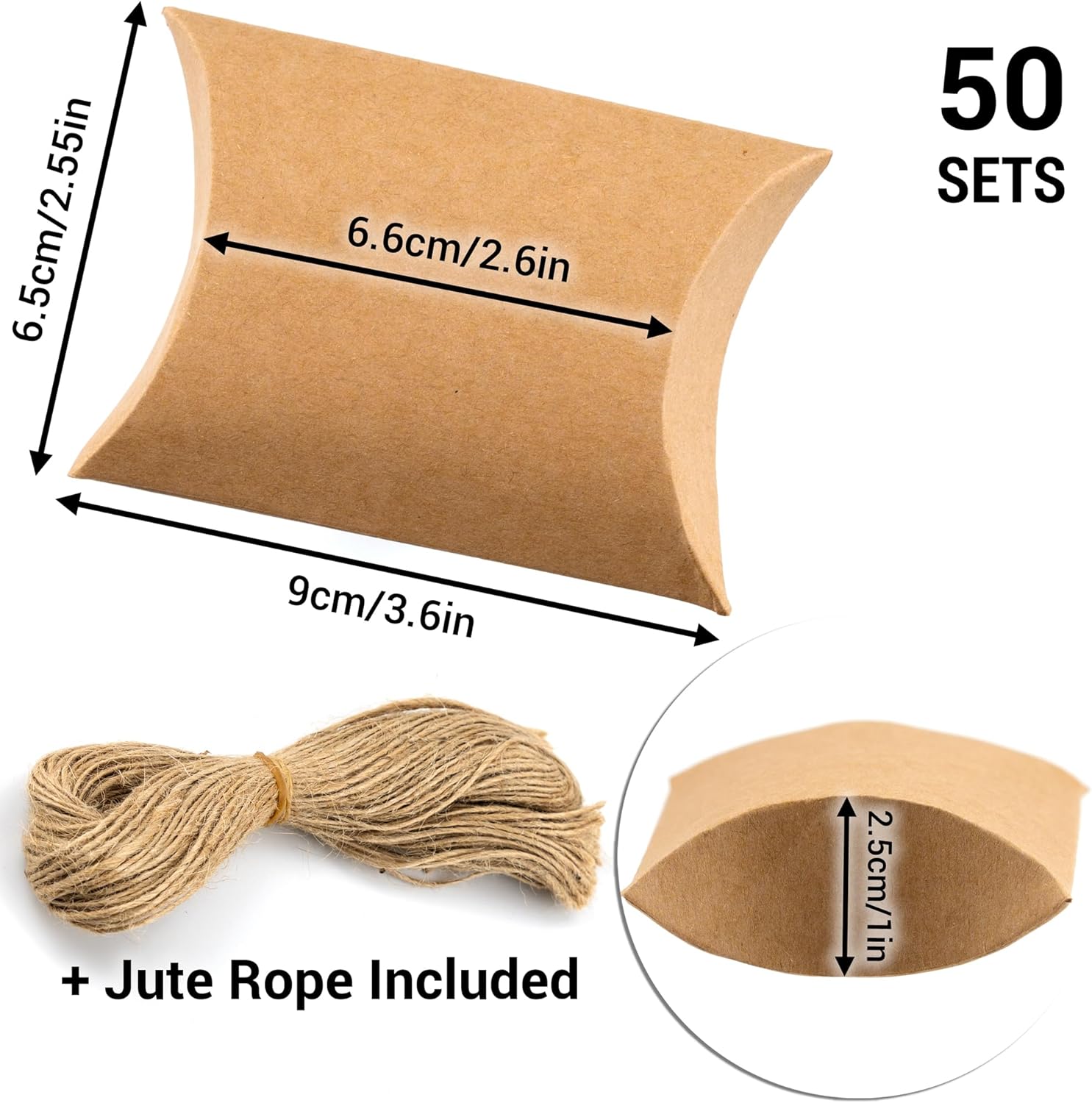 IFAMIO 50 cajas de regalo de almohada de papel kraft con cuerda de yute, pequeñas cajas de dulces para regalo de joyas, embalaje de jabón, mini caja