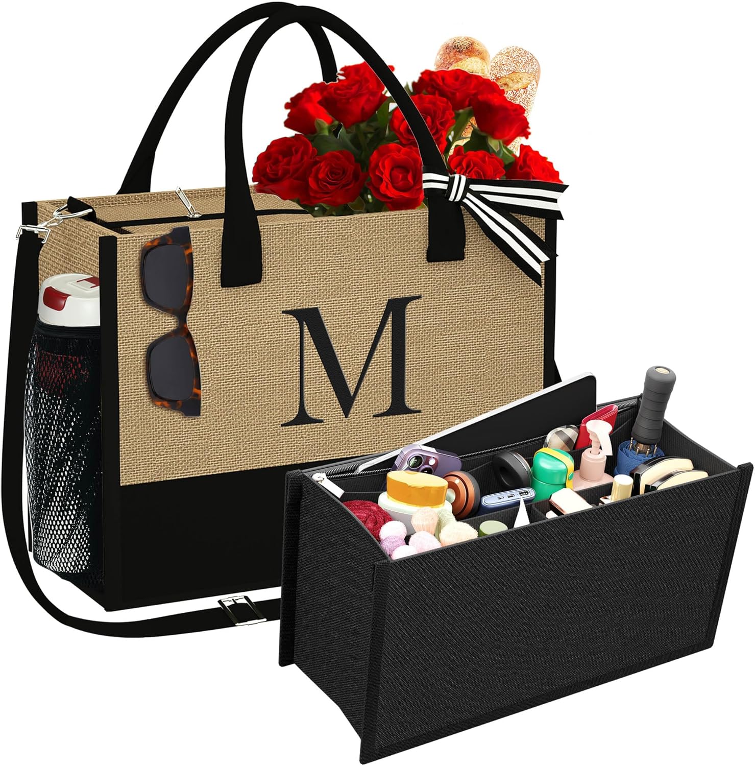 Bolsa de yute con inicial, con inserto organizador de bolsa, bolsa de viaje personalizada, regalos de cumpleaños para mujeres