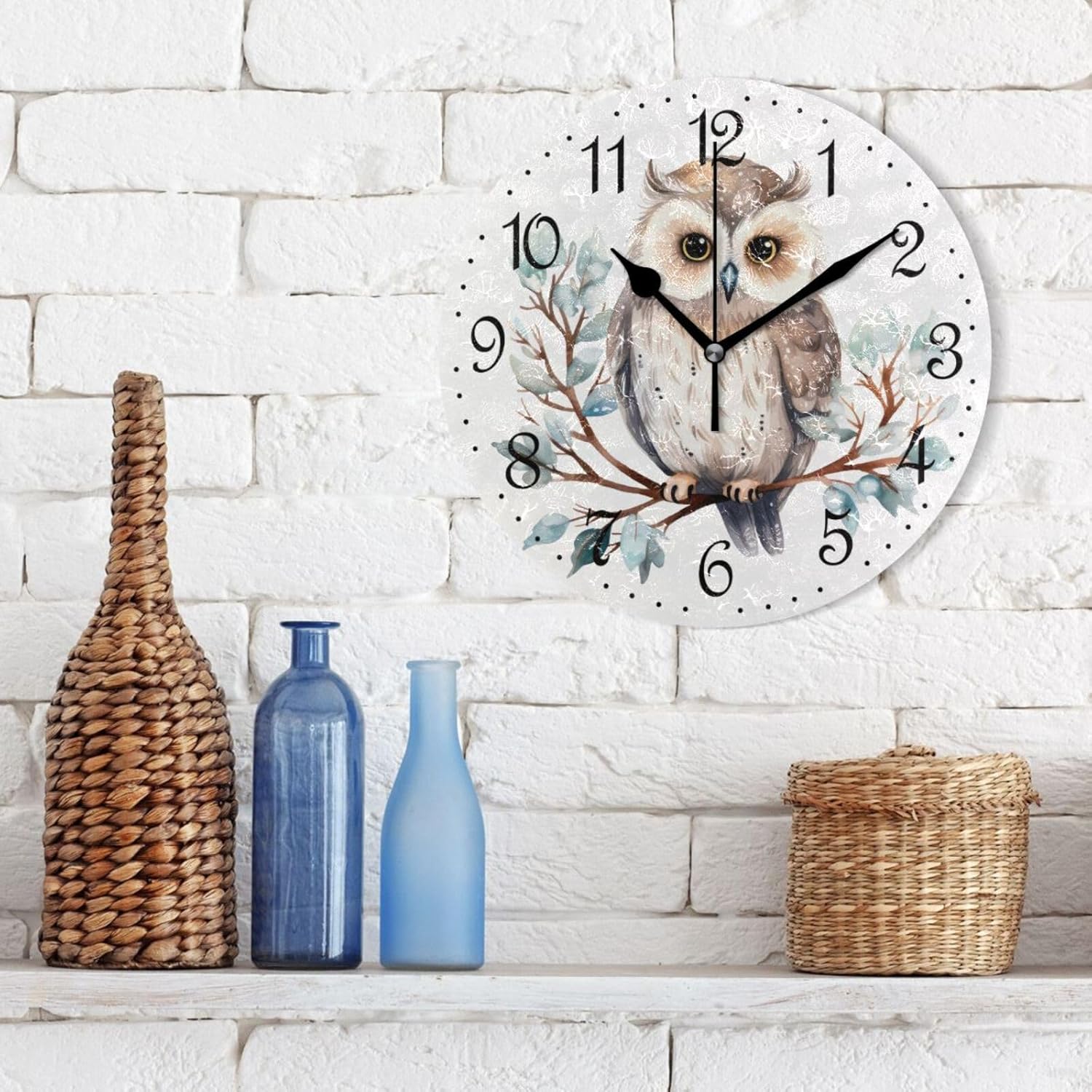 ALAZA Reloj de pared de invierno con búho en rama silencioso sin tictac, funciona con pilas, 10 pulgadas para el hogar, sala de estar, cocina, baño,