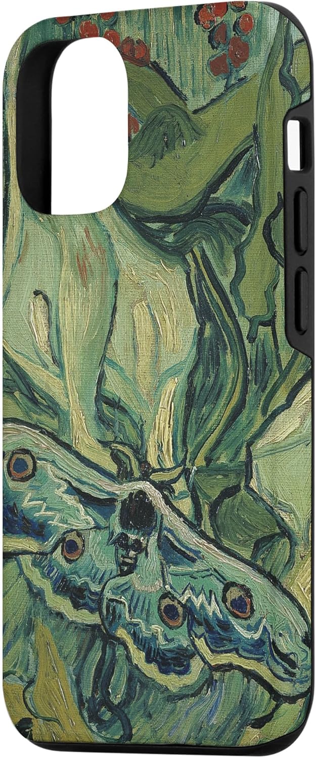 iPhone 13 gran polilla pavo real de Vincent van Gogh, insecto en una caja de jardín