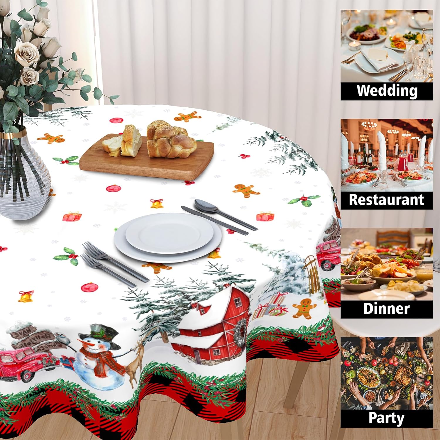 Mantel redondo de Navidad de 60 pulgadas con diseño de muñeco de nieve, mantel de invierno, lavable, color negro y rojo, a cuadros, copo de nieve,