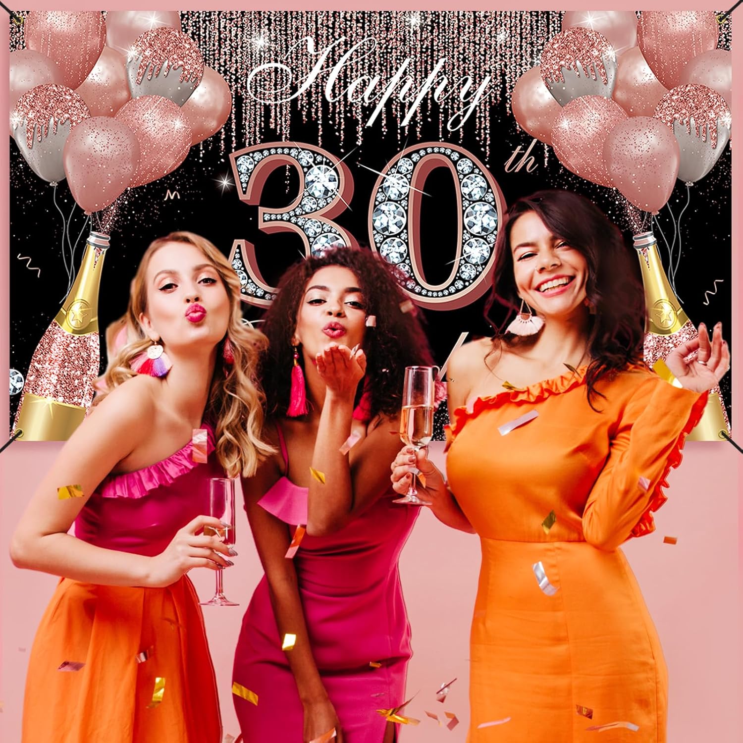 Decoraciones de feliz cumpleaños 30 para mujer, color oro rosa, pancarta de fondo de fiesta de cumpleaños de 30 años, cartel de treinta cumpleaños