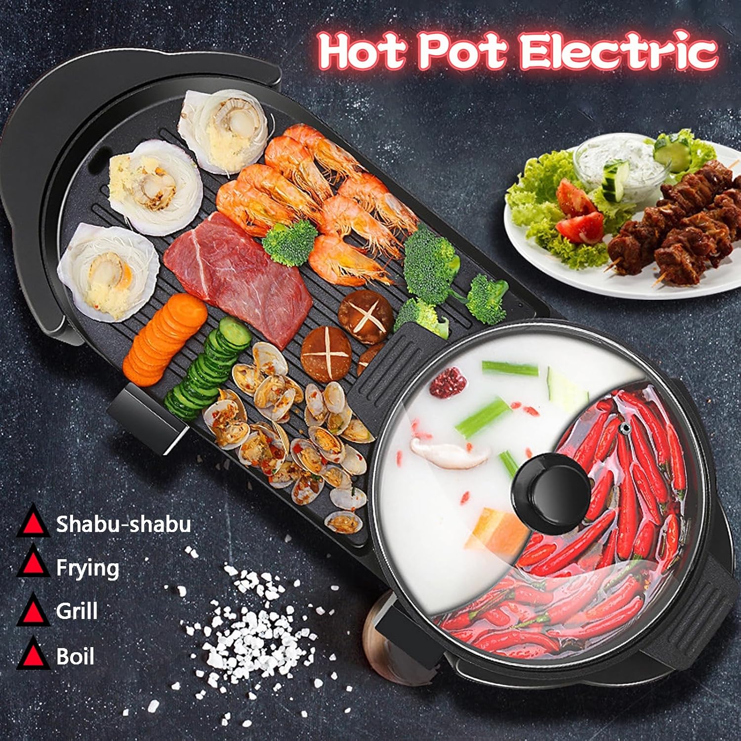 Olla caliente con parrilla, olla caliente eléctrica 2 en 1 Shabu Shabu Shabu parrilla coreana para barbacoa, olla extraíble de 1200 Wbandeja para