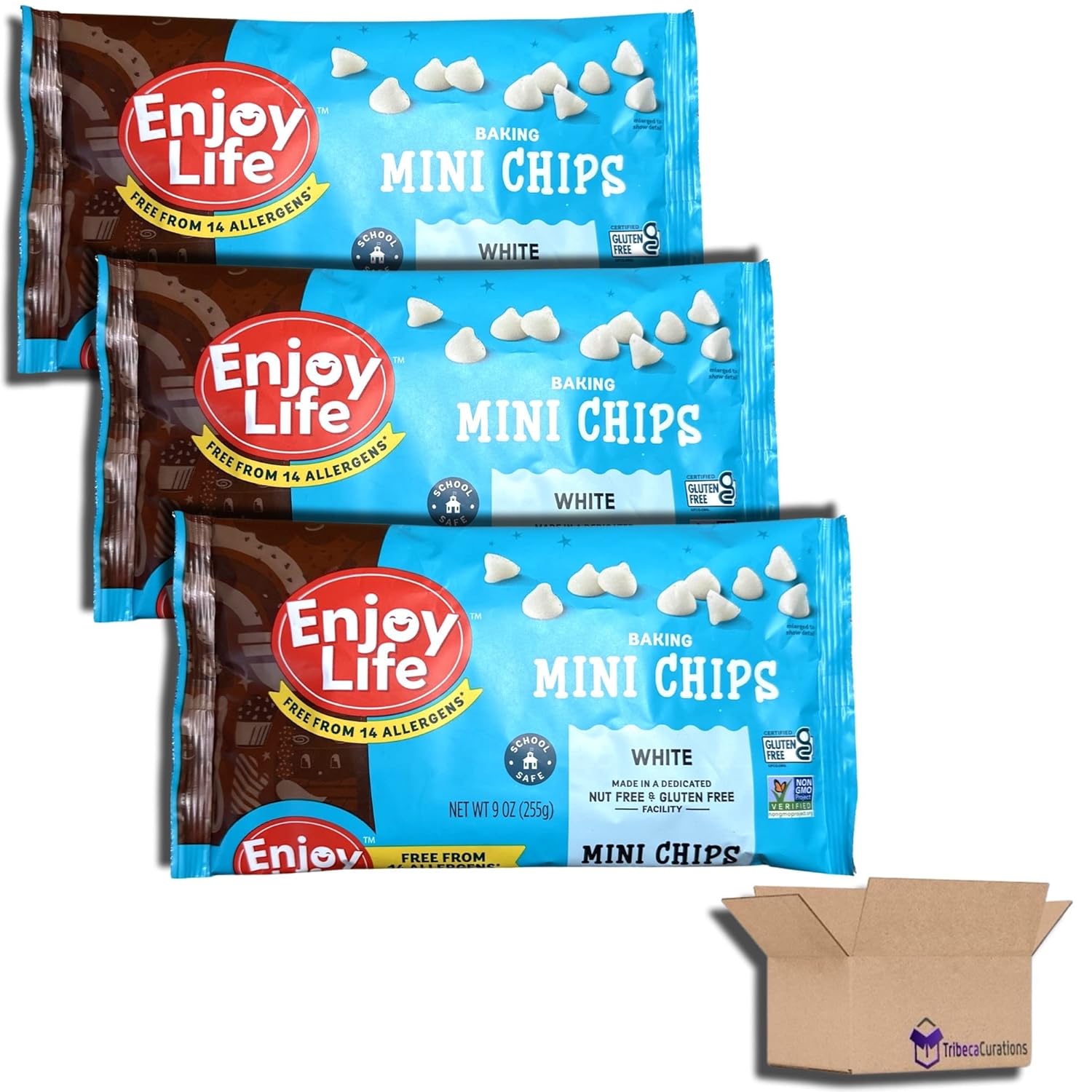 Tribeca Curations Mini chips para hornear de chocolate blanco, sin alérgenos, aprobado por la escuela, 9 onzas, paquete económico de 3