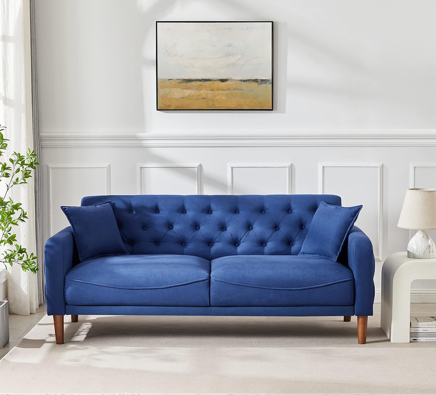 Aoowow Sofás y sofás de tela de lino de 78 pulgadas de largo, sofá moderno de mediados de siglo con 2 almohadas, reposabrazos y patas de madera para