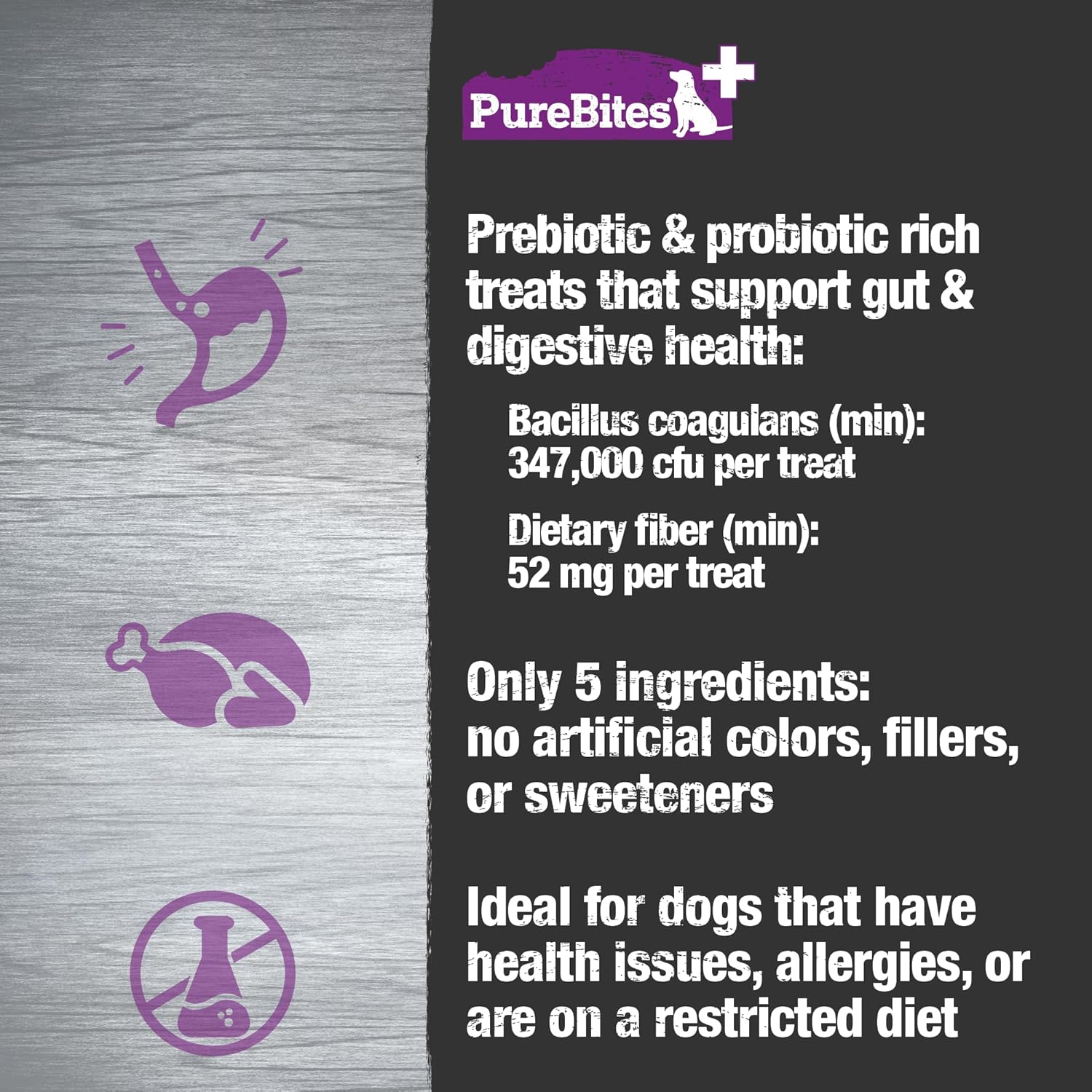 PureBites + Golosina liofilizada para perros de 3.0 onzas  Intestino y digestión  5 ingredientes  Hecho en Estados Unidos
