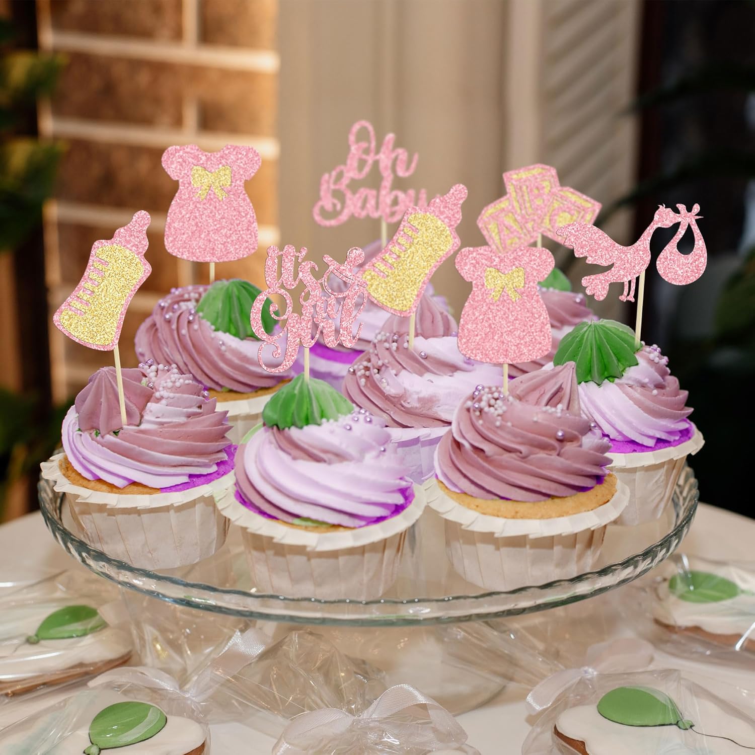 Gyufise 24 adornos para cupcakes Oh Baby Glitter It’s a Girl Cupcake Picks Bow Dress Baby Shower Baby Shower Cake Decor para revelación de género