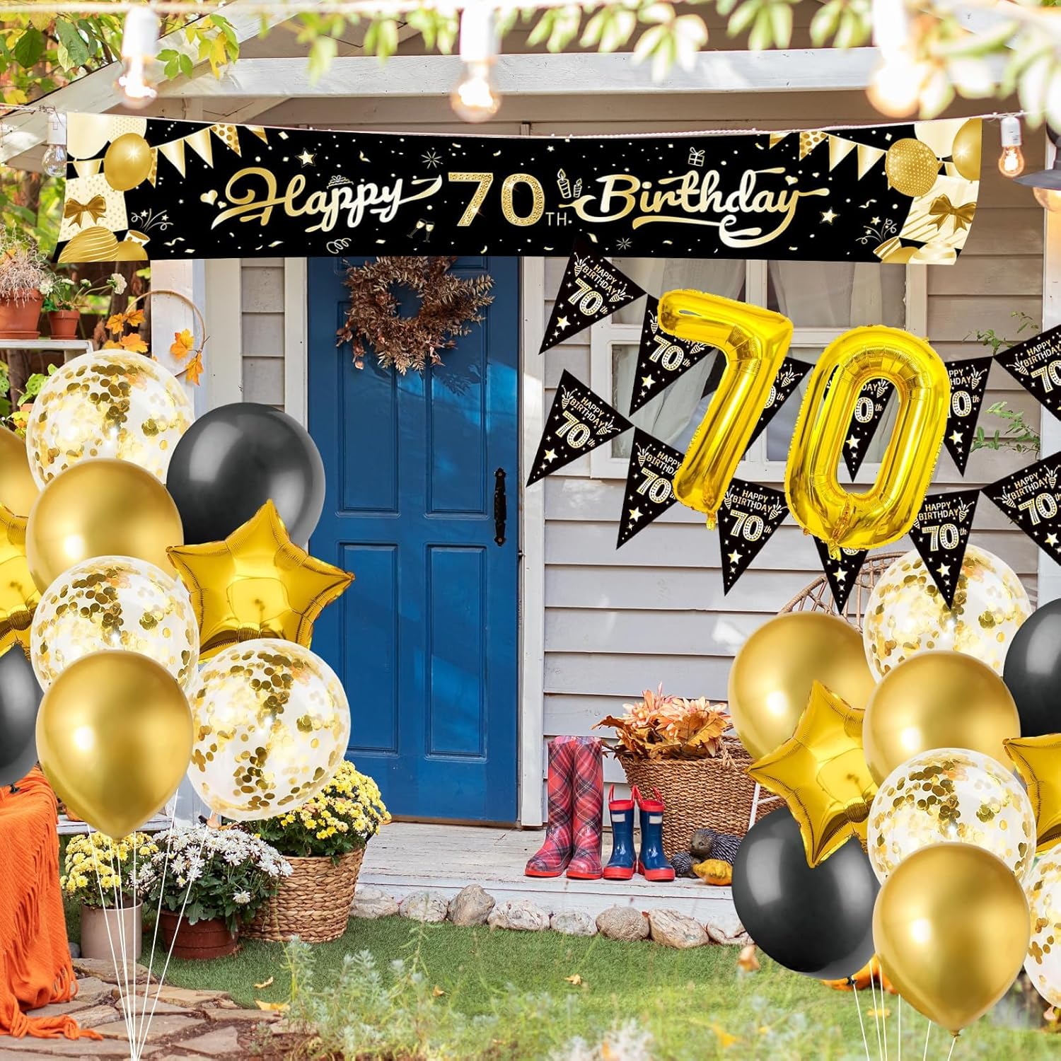 Cartel grande de decoración de cumpleaños 70 de 9.8 x 1.6 pies, juego de decoración de fiesta de feliz cumpleaños negro y dorado, telón de fondo de