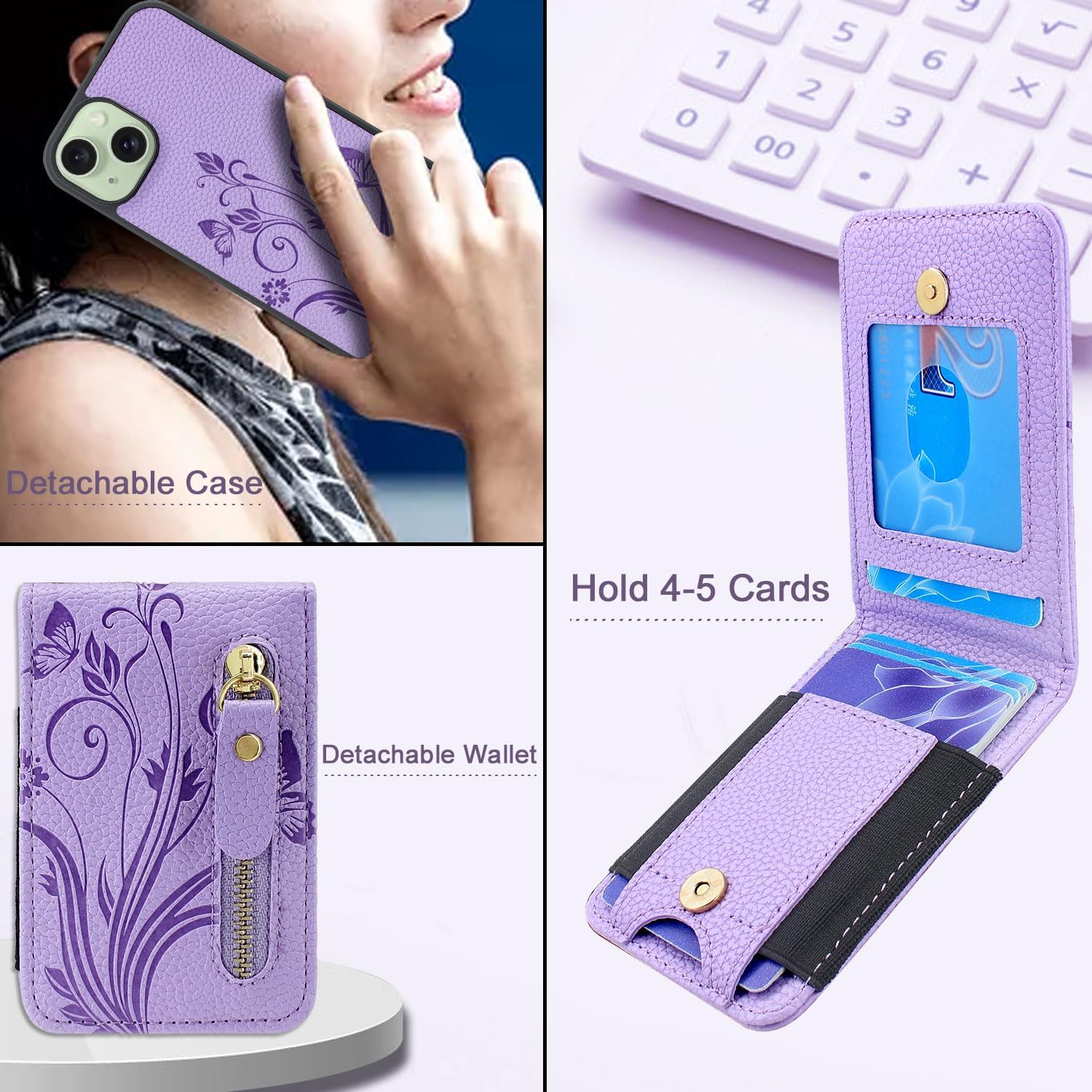 Lacass Funda compatible con MagSafe para iPhone 15 PlusiPhone 14 Plus de 6.7 pulgadas, tarjetero magnético desmontable con cremallera (morado claro
