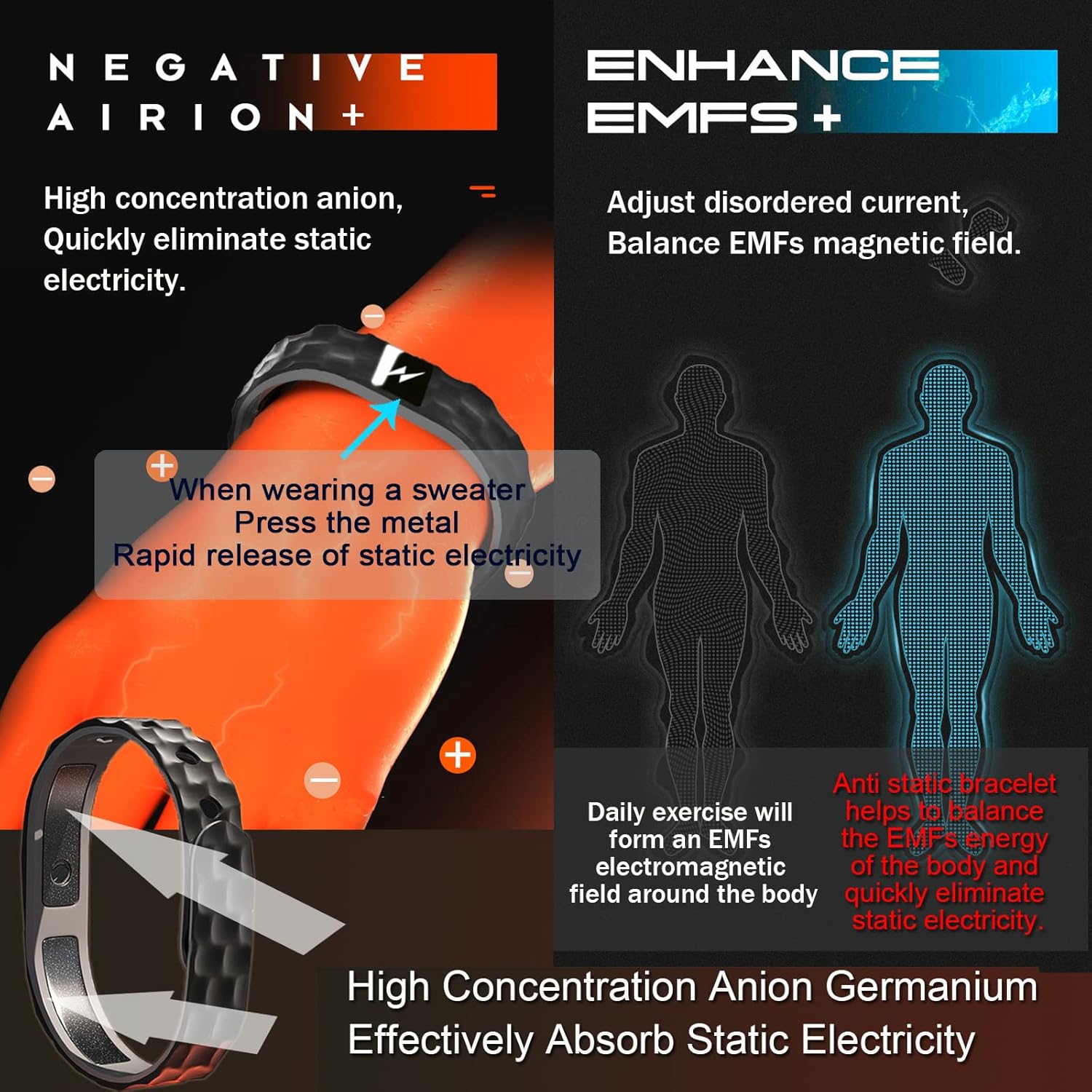 Anti Static Wristband, Black Sport Power Balance Silicone Bracelet, Anion Germanium Winter Electrostatic Removal Rubber Wrist Strap for Men Women
