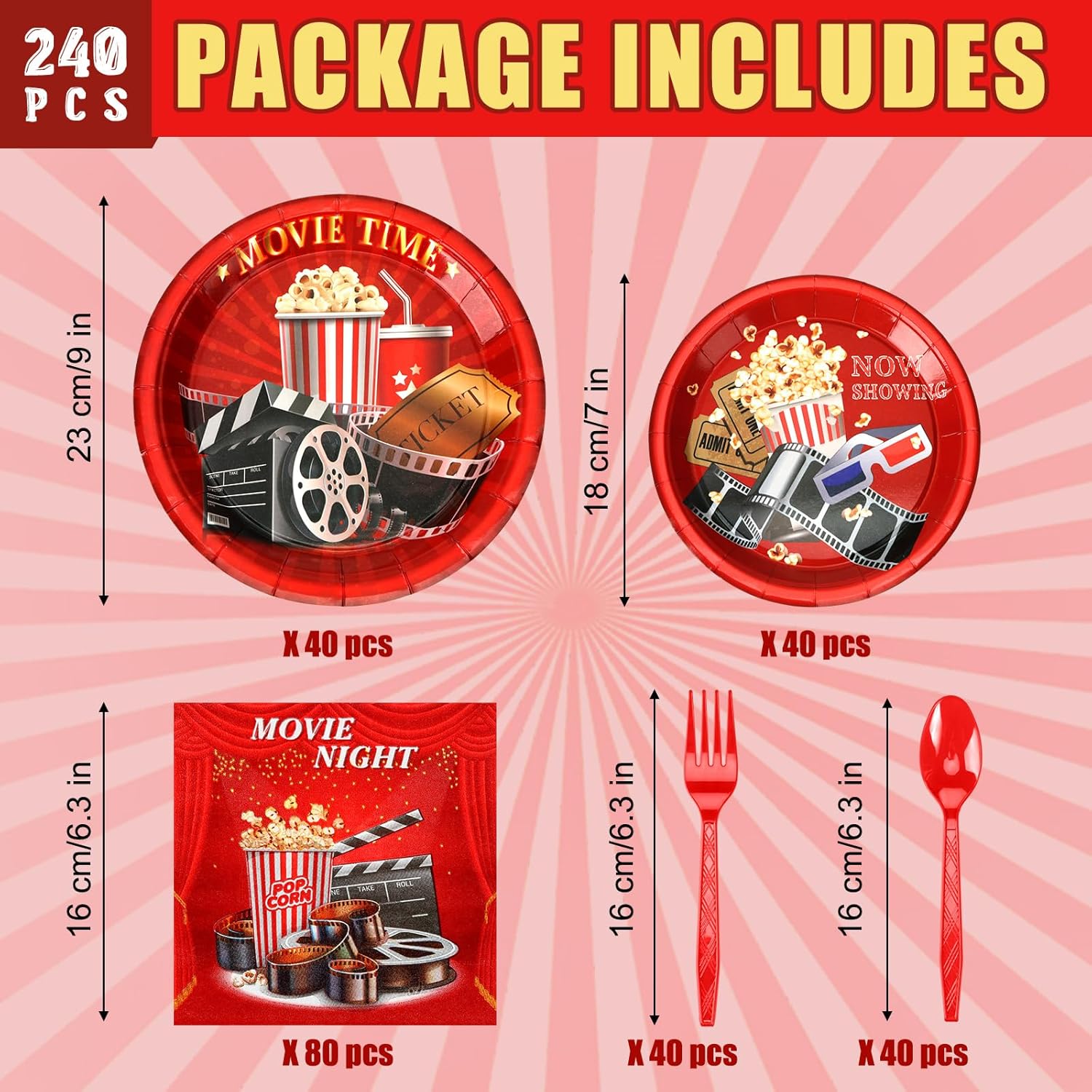 240 platos y servilletas para fiesta de noche de película, suministros para fiesta, decoración de fiesta de noche de película, suministros para