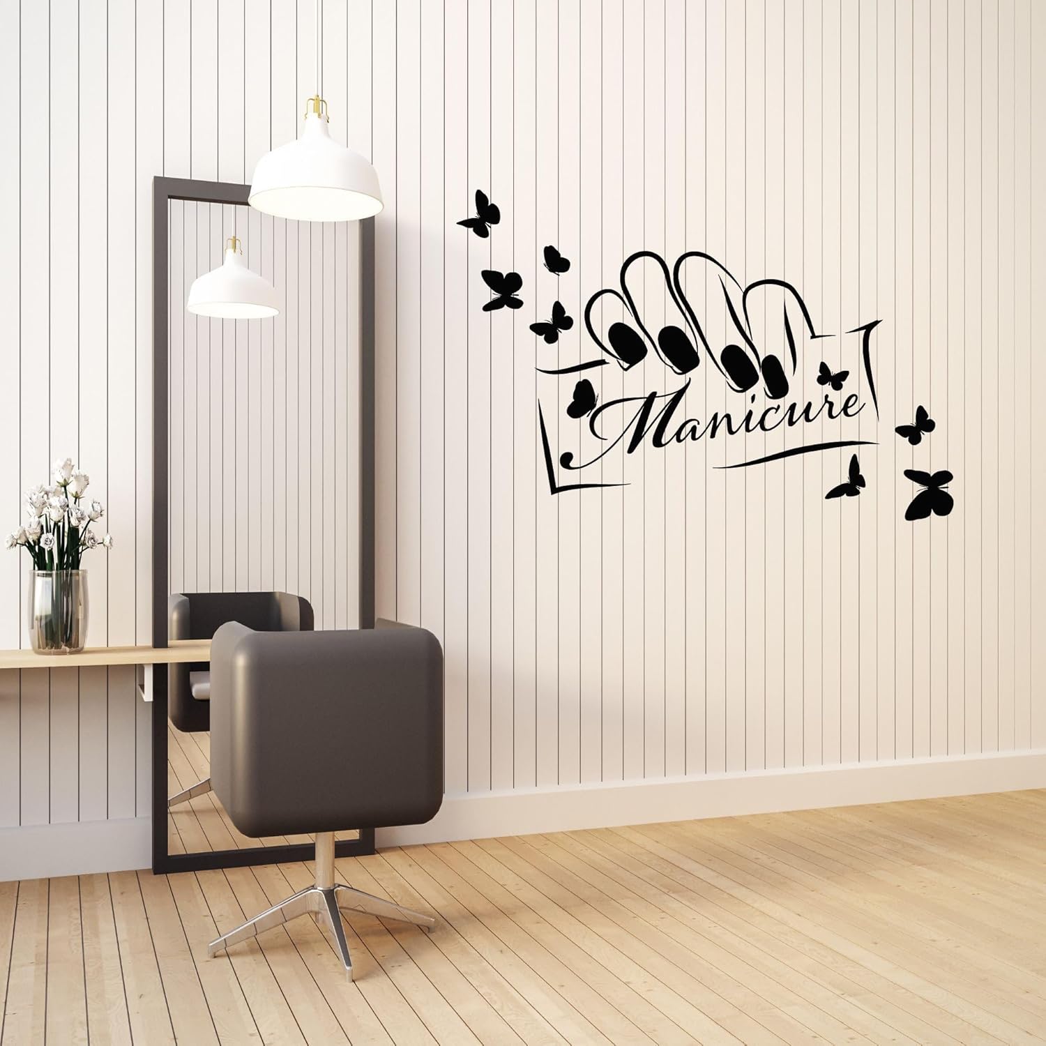 Vinyl Wall Decal Beauty Studio Manicure Salon Logo Nails Butterflies Stickers Mural Large Decor (g8587) Black