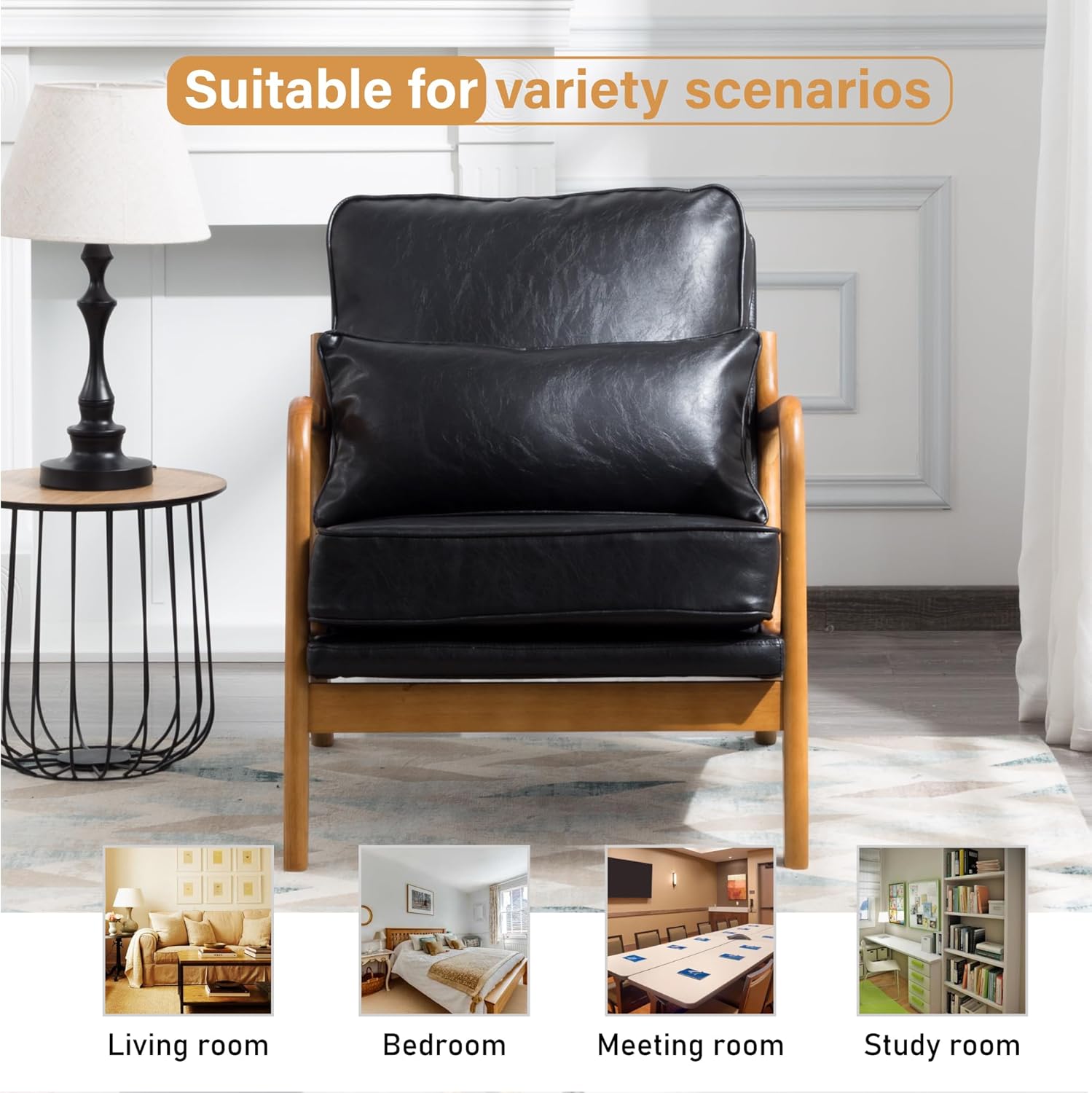 Hosnnile Silla decorativa con cojín, sillón tapizado moderno de mediados de siglo con piel sintética + marco de madera maciza para sala de estar,