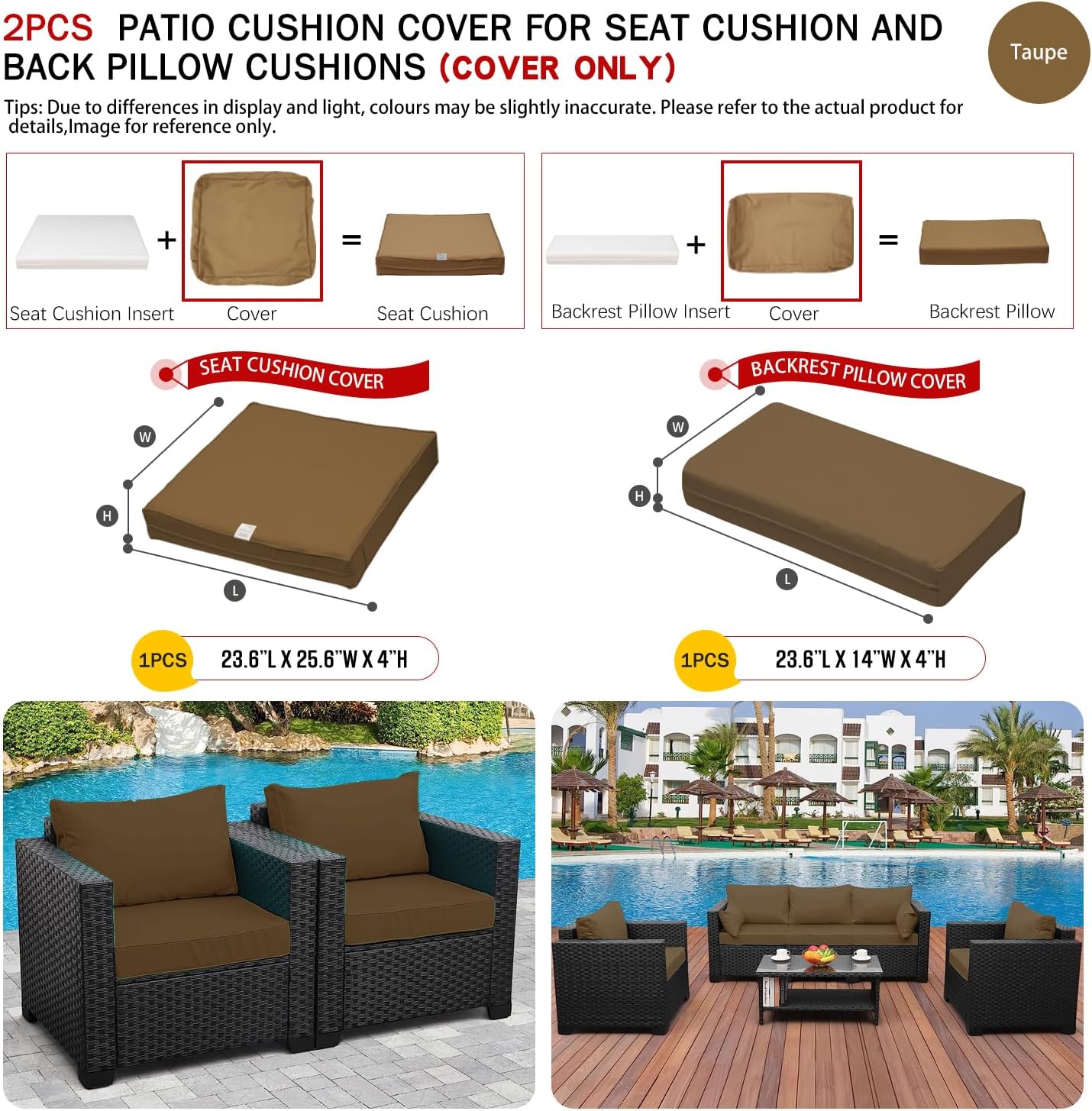 Juego de 2 fundas de repuesto para cojines de asiento de patio al aire libre para sofá seccional, silla, muebles, asientos, a prueba de