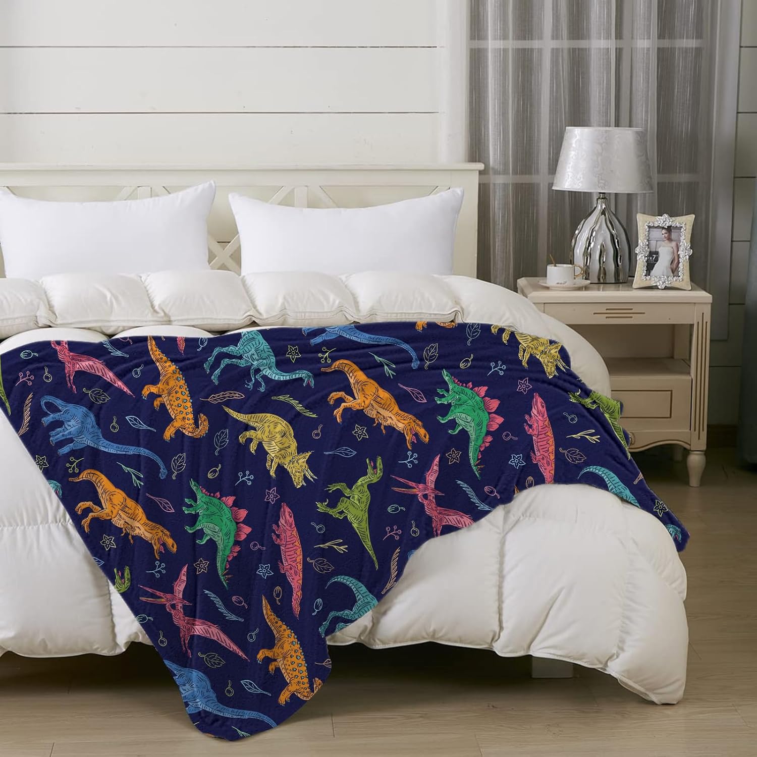 Manta de dinosaurio para niños y adultos, bonita manta de forro polar azul para niños pequeños y niñas, manta suave y cálida de dinosaurio jurásico