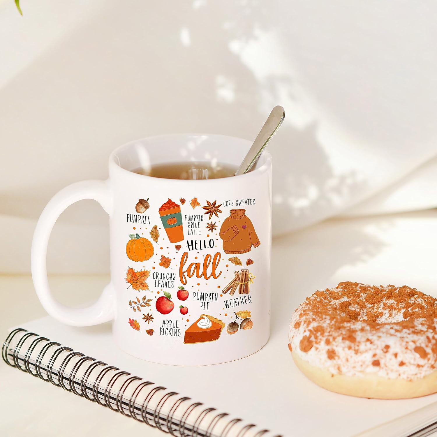 Taza de café con texto en inglés Hello Fall, taza de otoño, lindas tazas para mujer, decoración de otoño con agua dulce, decoración de otoño,