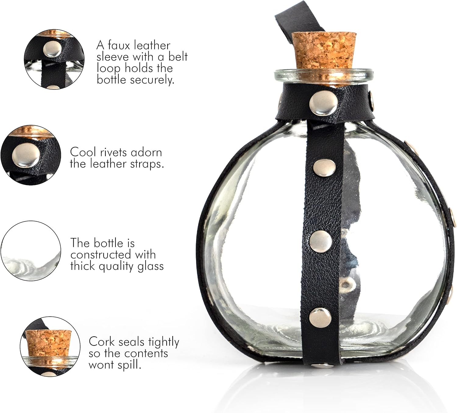 Skeleteen Dark Magic – Botella de poción  Soporte de vidrio para pociones de mago negro con tapón de corcho y arnés de piel sintética con lazo para