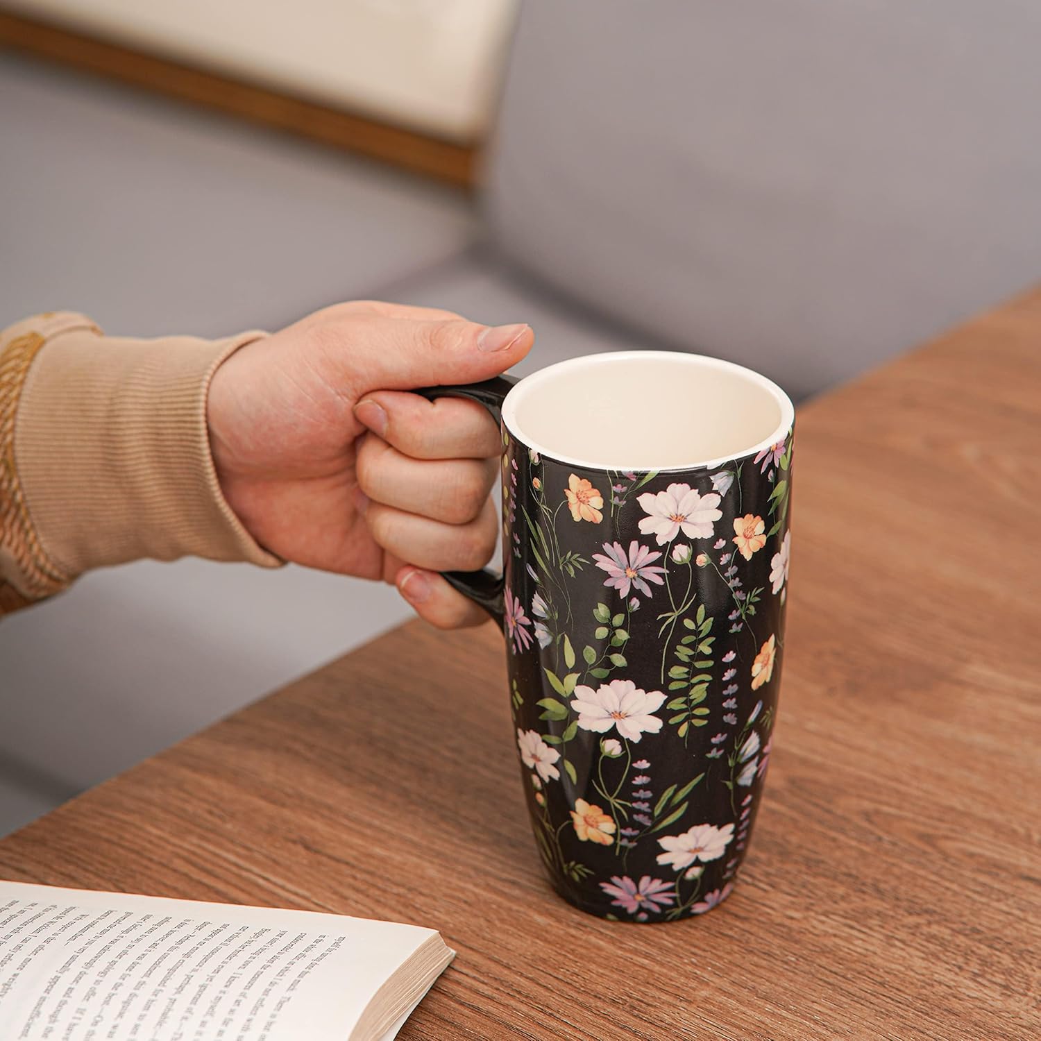DUSVALLY Taza de café de cerámica taza de café con tapa Taza de té de porcelana con mango 500ML17OZ.,Negro