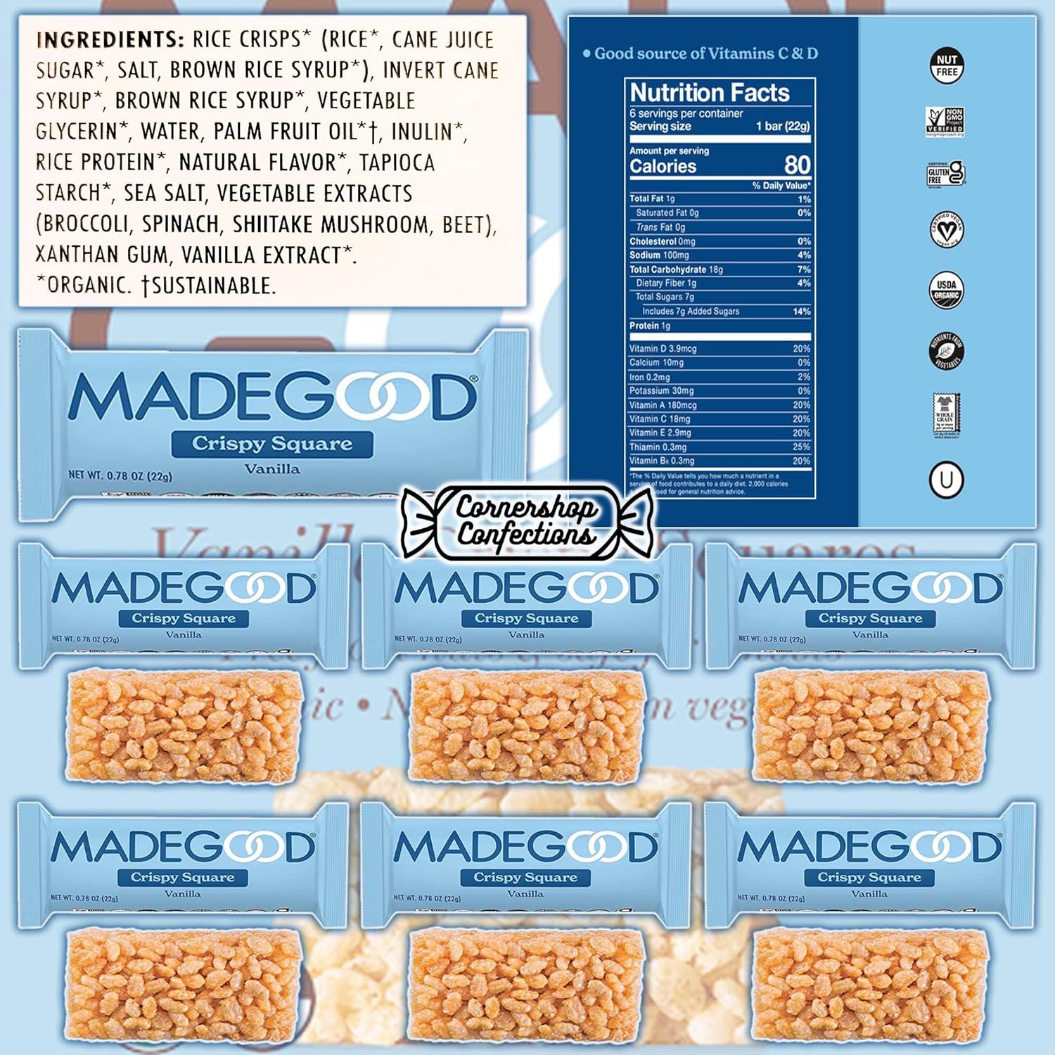 MadeGood Crispy Squares – Paquete variado de 36 unidades, 3 sabores incluidos, 12 barras de cada sabor, chispas de chocolate, fresa y vainilla,