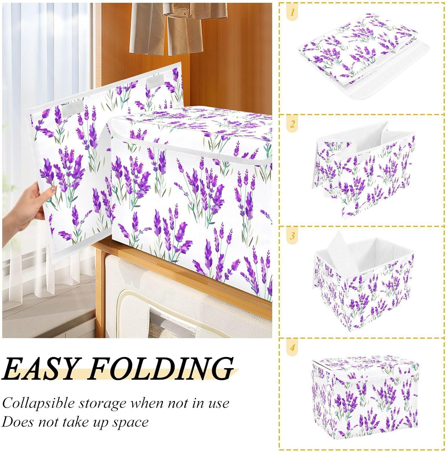 Cajas de almacenamiento de lavanda con tapa abatible y asa, cubo de almacenamiento plegable, canasta de almacenamiento grande para estantes,