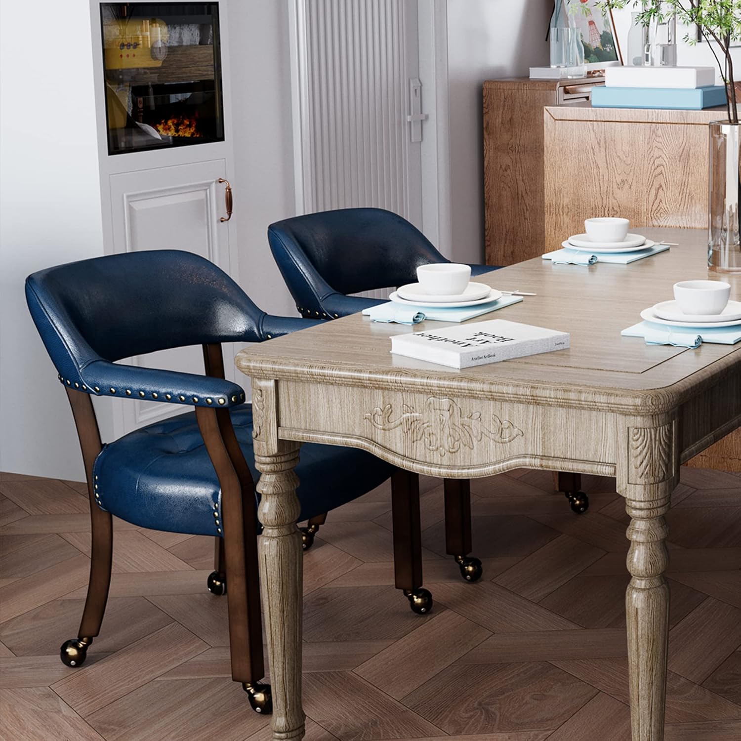 Silla enrollable grande para comedor con brazos, sillas laterales de cocina con ruedas, sillas de póquer de madera para juegos, silla con ruedas