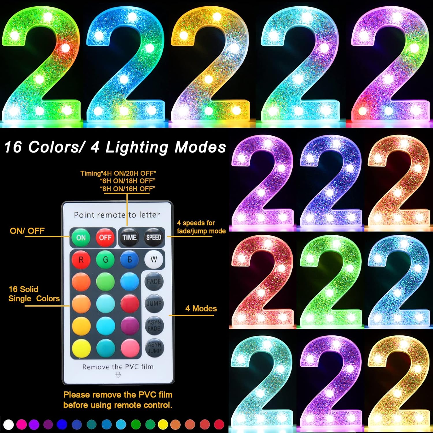 Pooqla Números iluminados coloridos, luces LED plateadas de números de marquesina que funcionan con pilas, 16 colores con purpurina para niñas,