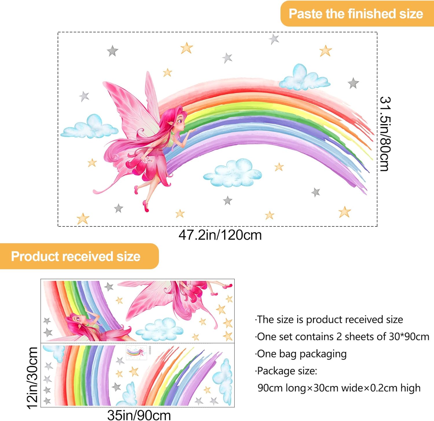 Calcomanías de pared de acuarela arco iris, calcomanías de pared coloridas de nube de estrellas, calcomanías de pared de princesa de elfo rosa para
