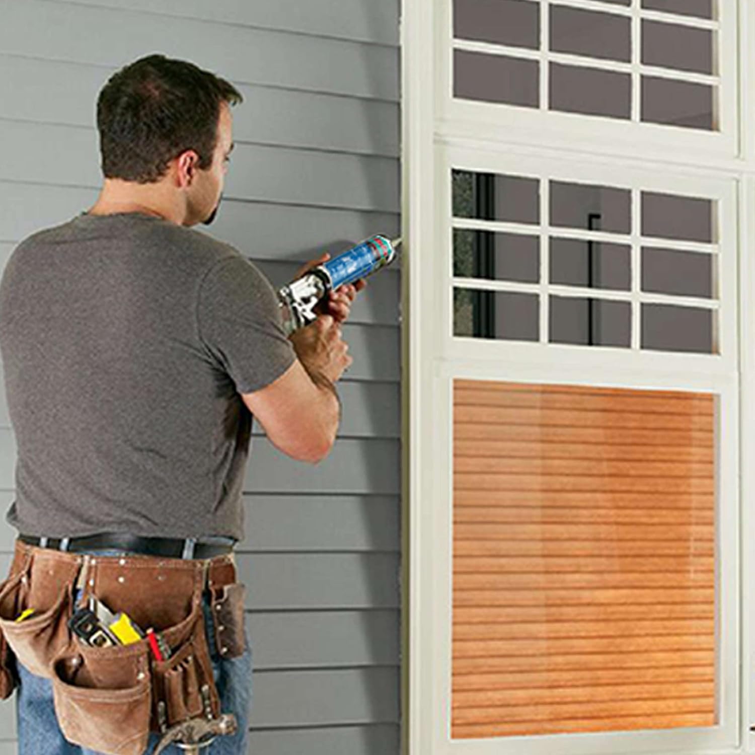 Akfix Construcción de sellador gris poliuretano P635  Relleno de huecos para pintar para garaje y entrada, excelente calafateo para madera,
