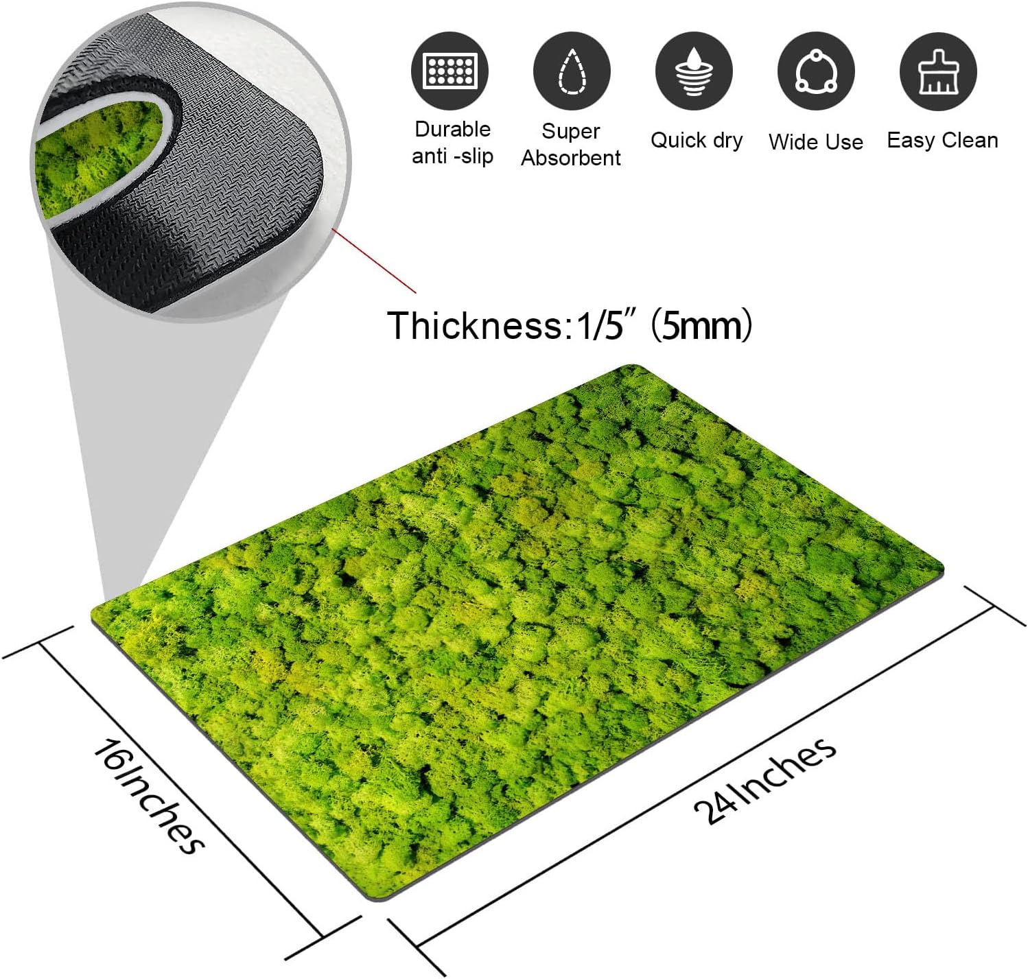 Alfombra de baño de musgo verde para baño, ducha, bañera, impresión 3D, decoración de granja, pequeña, delgada, antideslizante, lavable, 16 x 24