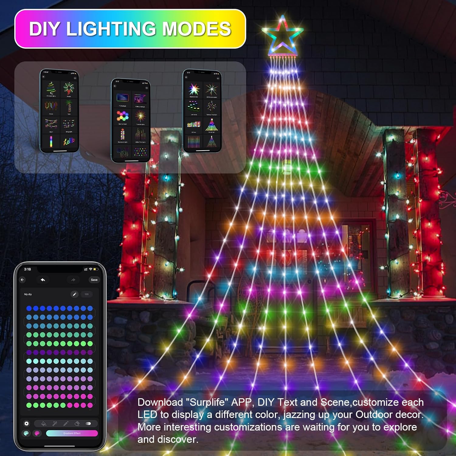 Luces inteligentes de estrella de música de Navidad, 16.4 pies, 330 LED RGB, 9 tiras de luces de Navidad para interiores, cambio de color