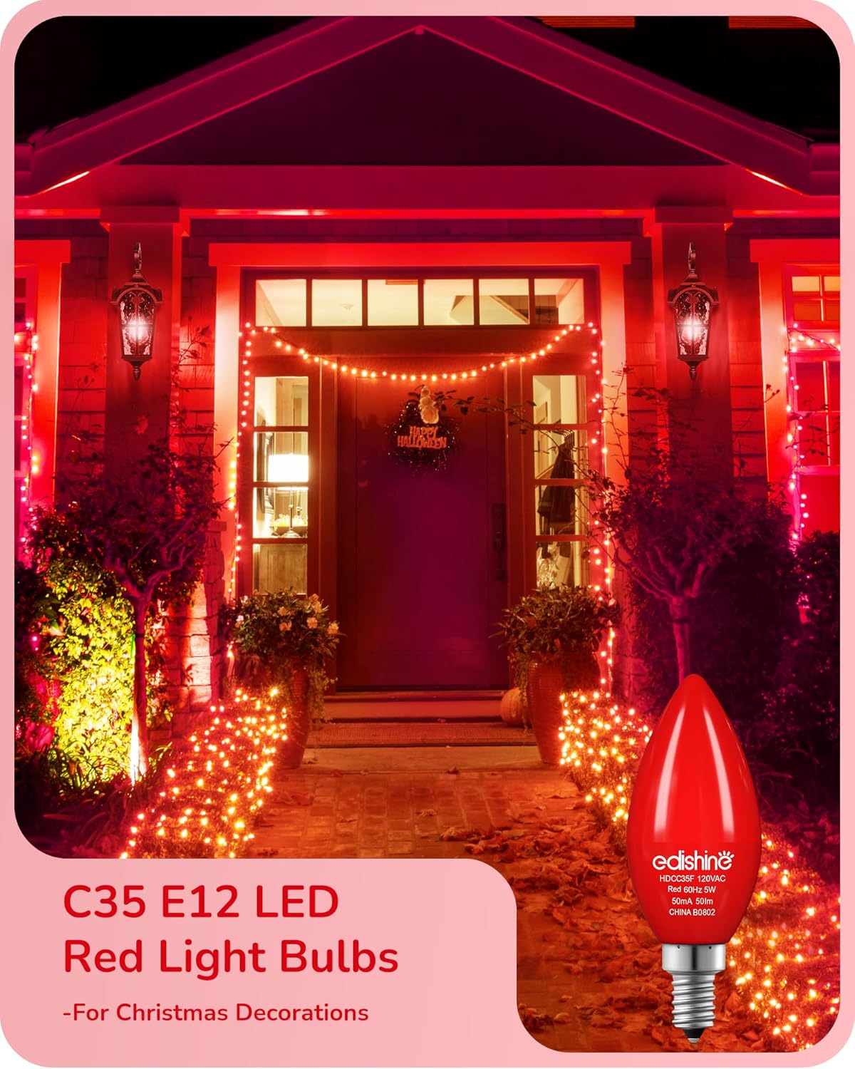 EDISHINE Bombilla roja regulable, bombillas de candelabro C35 E12, equivalente a 60 W, bombilla LED para candelabro, bombilla de vela vintage,