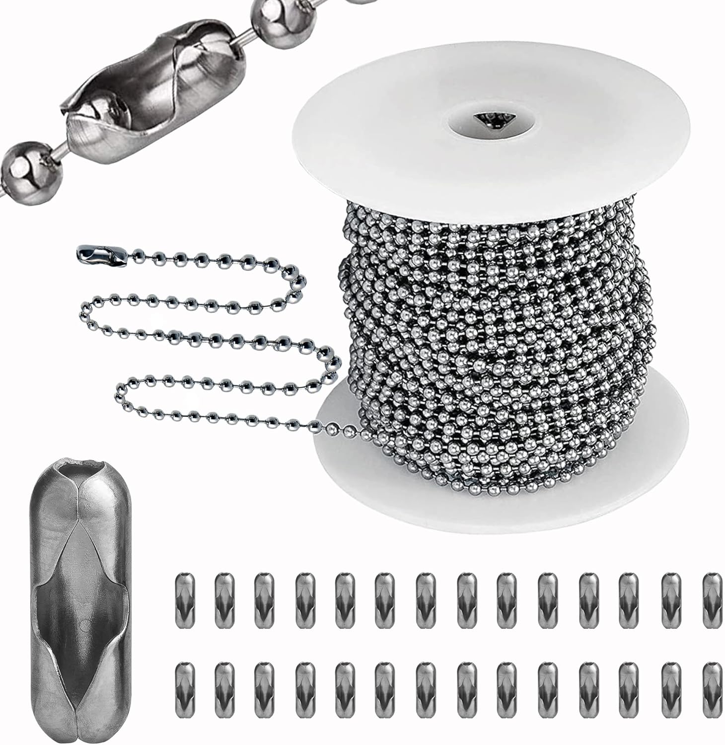Cadena de cuentas de bola de 0.079 pulgadas, cadenas extralargas de acero inoxidable de 110 pies, cadena de placa de identificación para perro con
