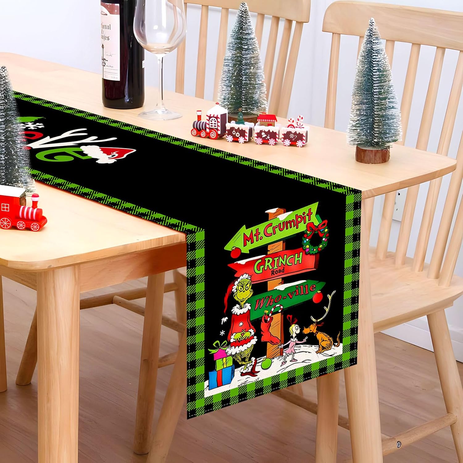 Camino de mesa Grinchmas Feliz Navidad, vacaciones de invierno, fiesta temática, cocina, comedor, decoración del hogar (negro y verde, 13 x 108