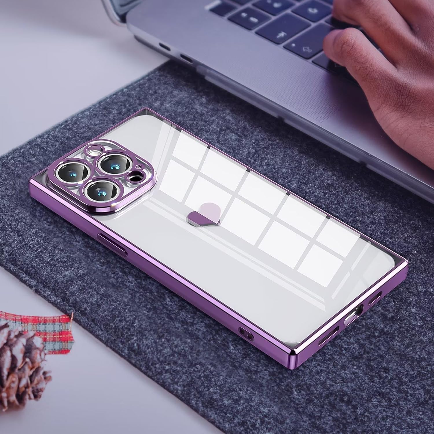 Tzomsze Funda compatible con iPhone 15 Pro con purpurina, transparente y brillante con bonito patrón de corazón, protección completa de lente y