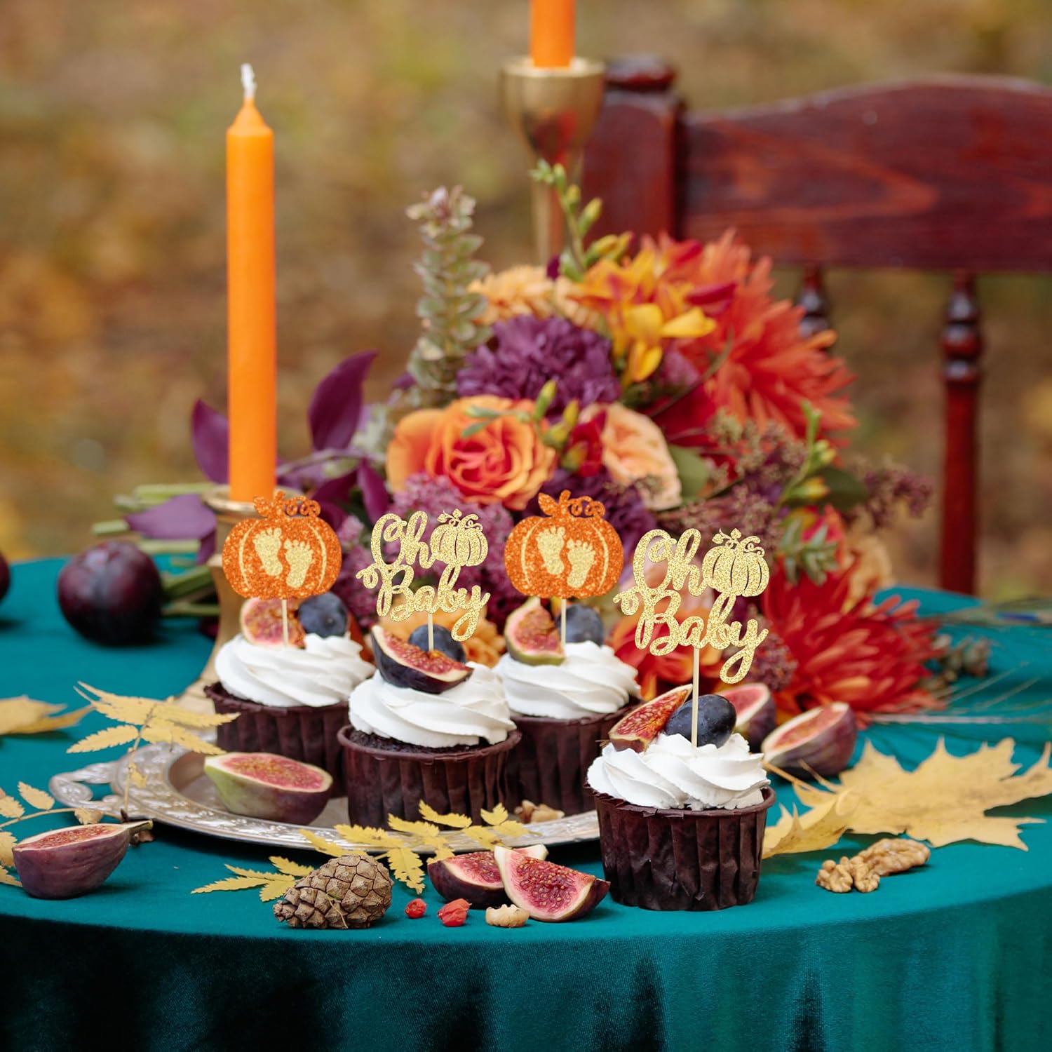 24 piezas de calabaza Oh Baby Cupcake Toppers con purpurina para pies de bebé, calabaza para cupcakes temáticos de otoño, baby shower, fiesta de