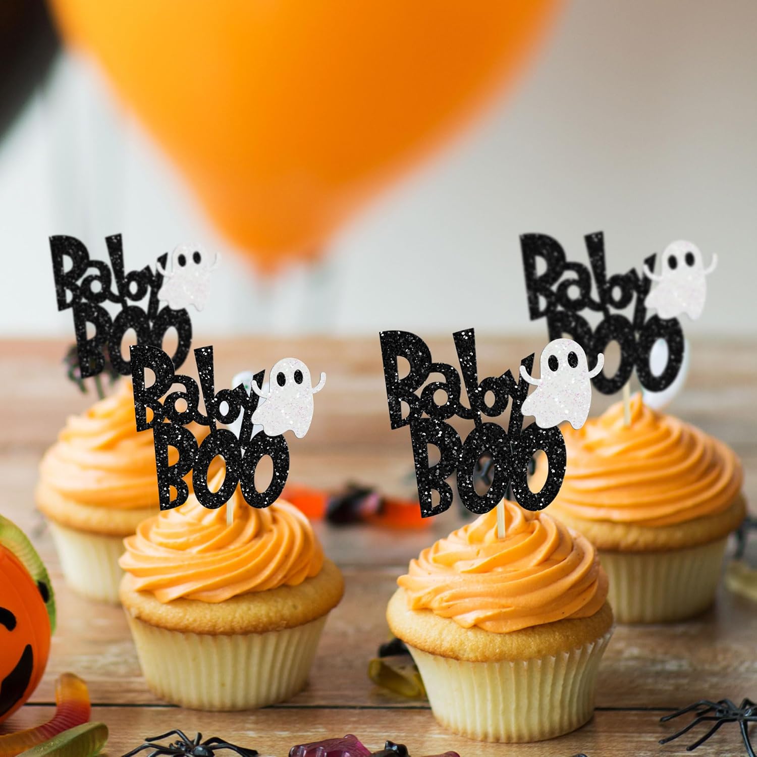 24 piezas de decoración para cupcakes Baby Boo con purpurina negra espeluznante y espeluznante para cupcakes de fantasmas para Halloween, baby
