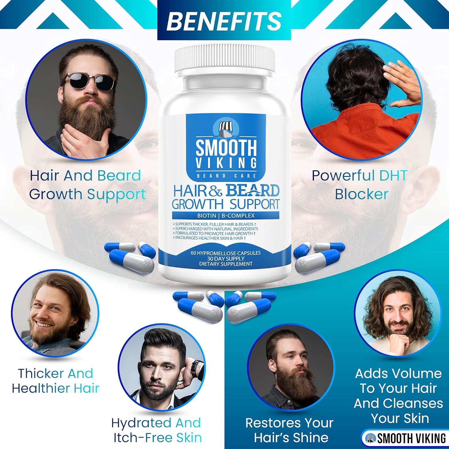 Suplemento para el crecimiento de la barba, vitaminas para el crecimiento del cabello para hombres (60 cápsulas), 5000 MCG de biotina y DHT