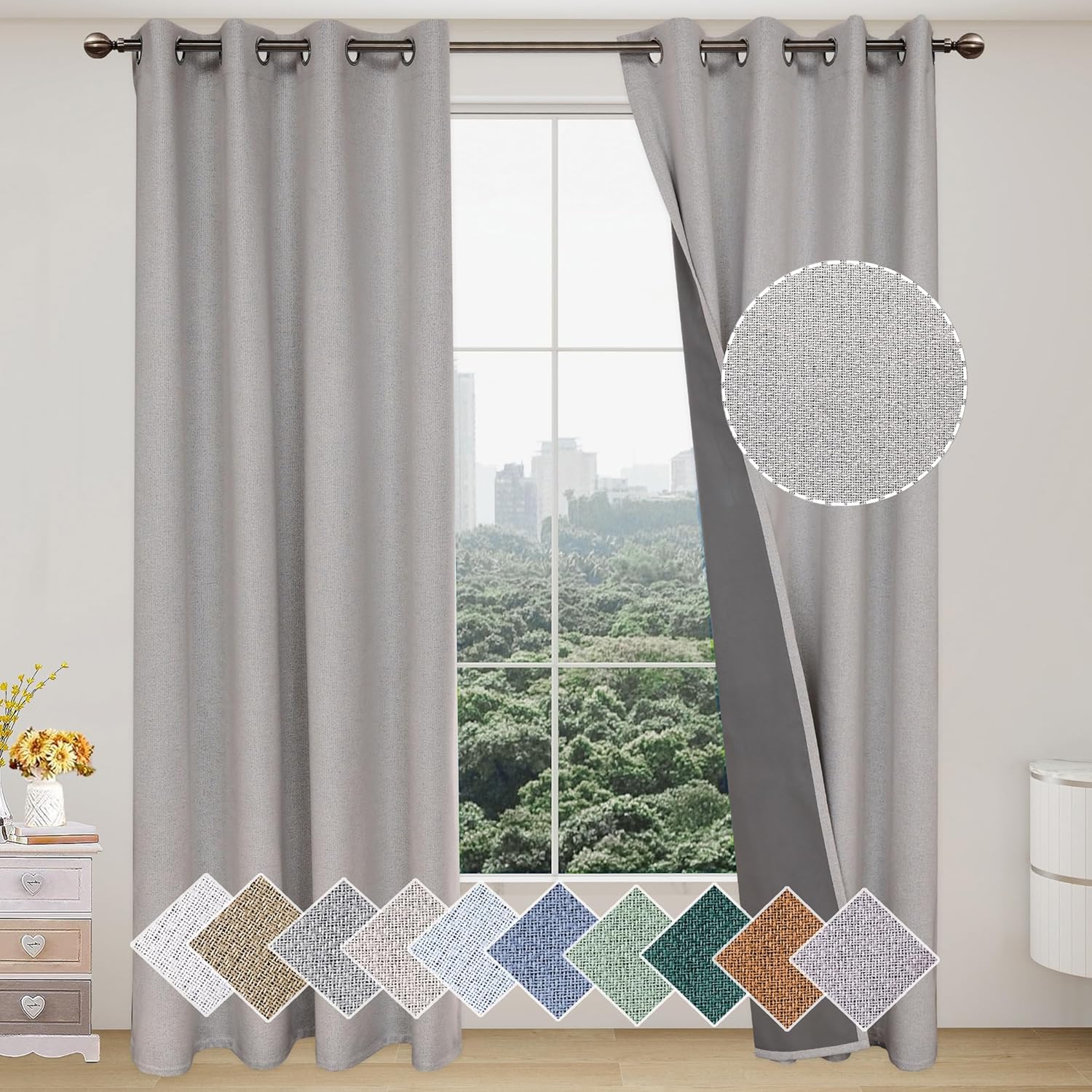 IOFRYION Cortinas texturizadas de lino 100% opacas, cortinas de ventana insonorizadas con forro gris de 3 capas, cortinas con ojales antioxidantes