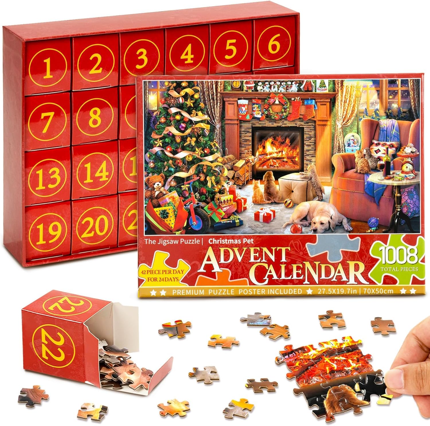 Calendario de Adviento 2023 – Rompecabezas de Navidad  1008 piezas de calendario de cuenta regresiva de 24 días de Navidad, rompecabezas de chimenea