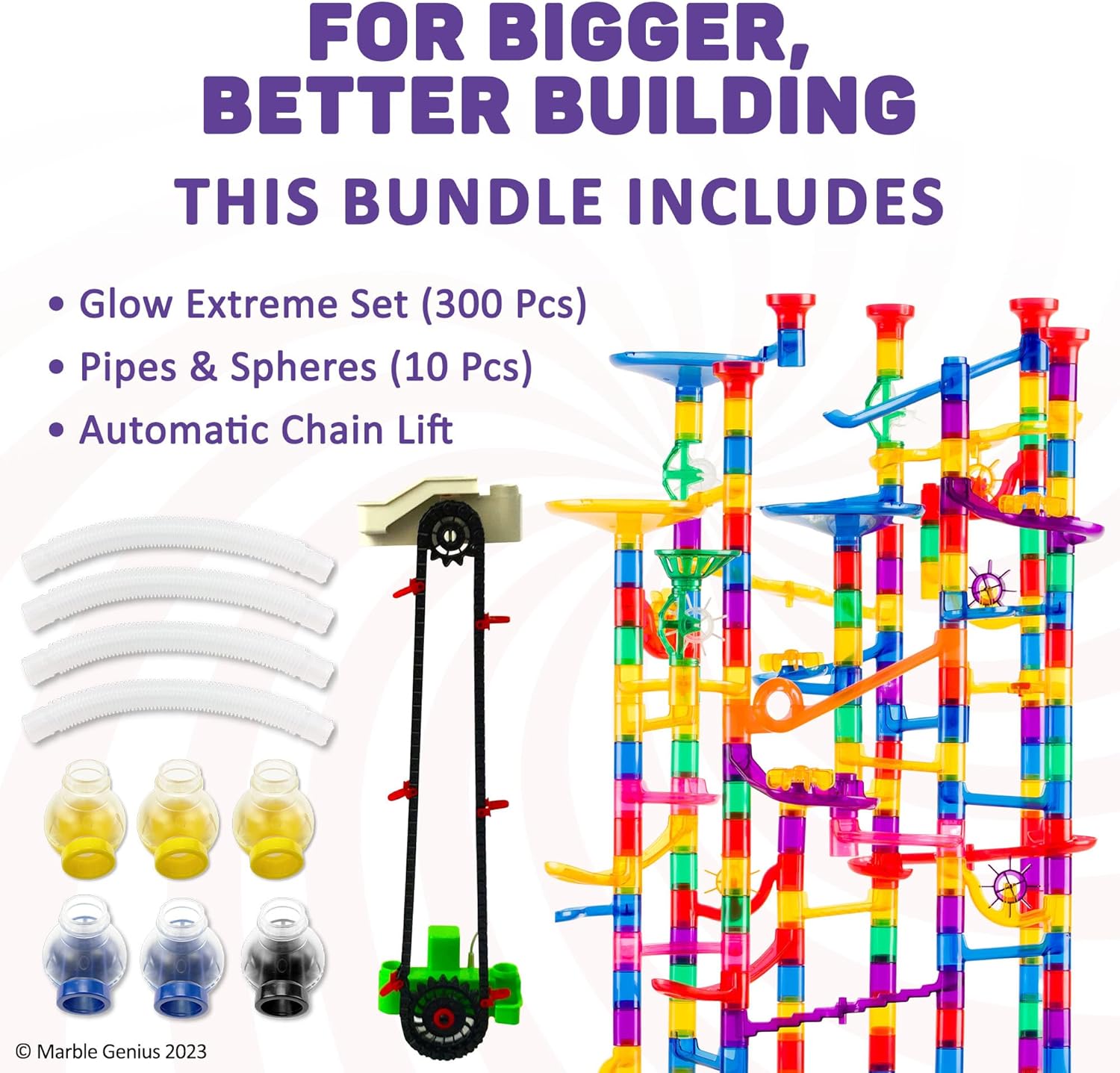Marble Genius Paquete Glow Extreme Set (300 piezas), elevación automática de cadena, tubos de canica y accesorios de esferas, perfecto para niños y
