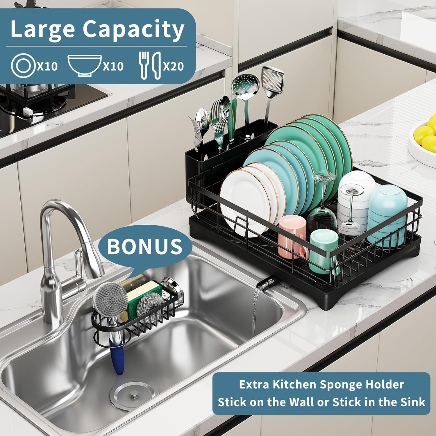 Escurridor de platos, escurridor de platos para encimera de cocina, escurridor de platos de acero inoxidable con soporte adicional para esponja para