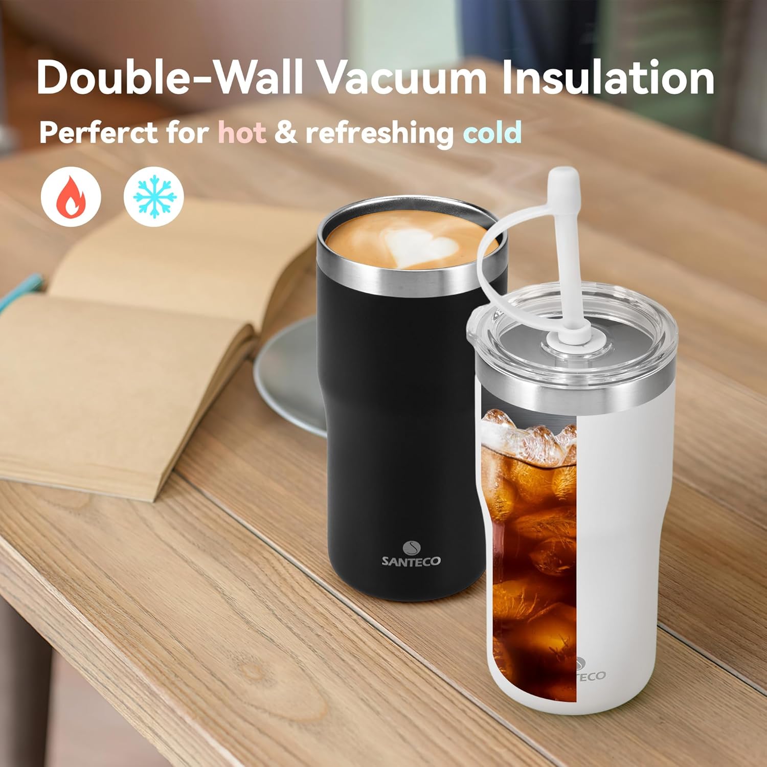 SANTECO Vaso aislado con tapa y popote, taza de café helado de 17 onzas, taza de viaje reutilizable, botella de agua de acero inoxidable 188,