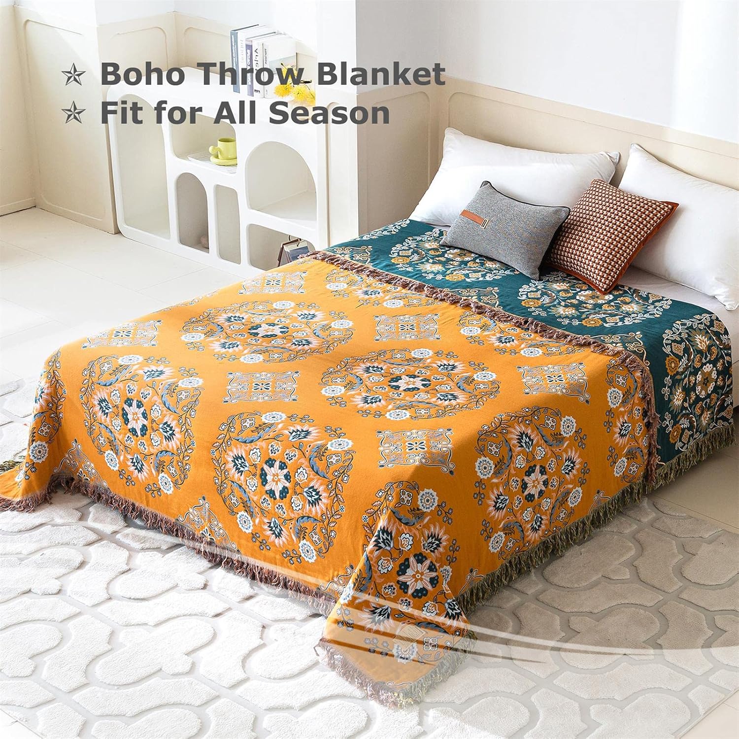 Manta bohemia para cama, 100 % algodón, ultra suave, rústico, decoración de granja, manta de verano, 60 x 80 pulgadas, para todas las estaciones,