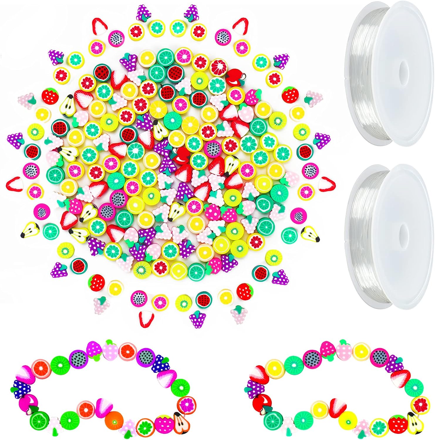 Mity rain 200 cuentas de frutas para la fabricación de joyas, cuentas coloridas de arcilla polimérica de 0.394 pulgadas (0.394 in), cuentas