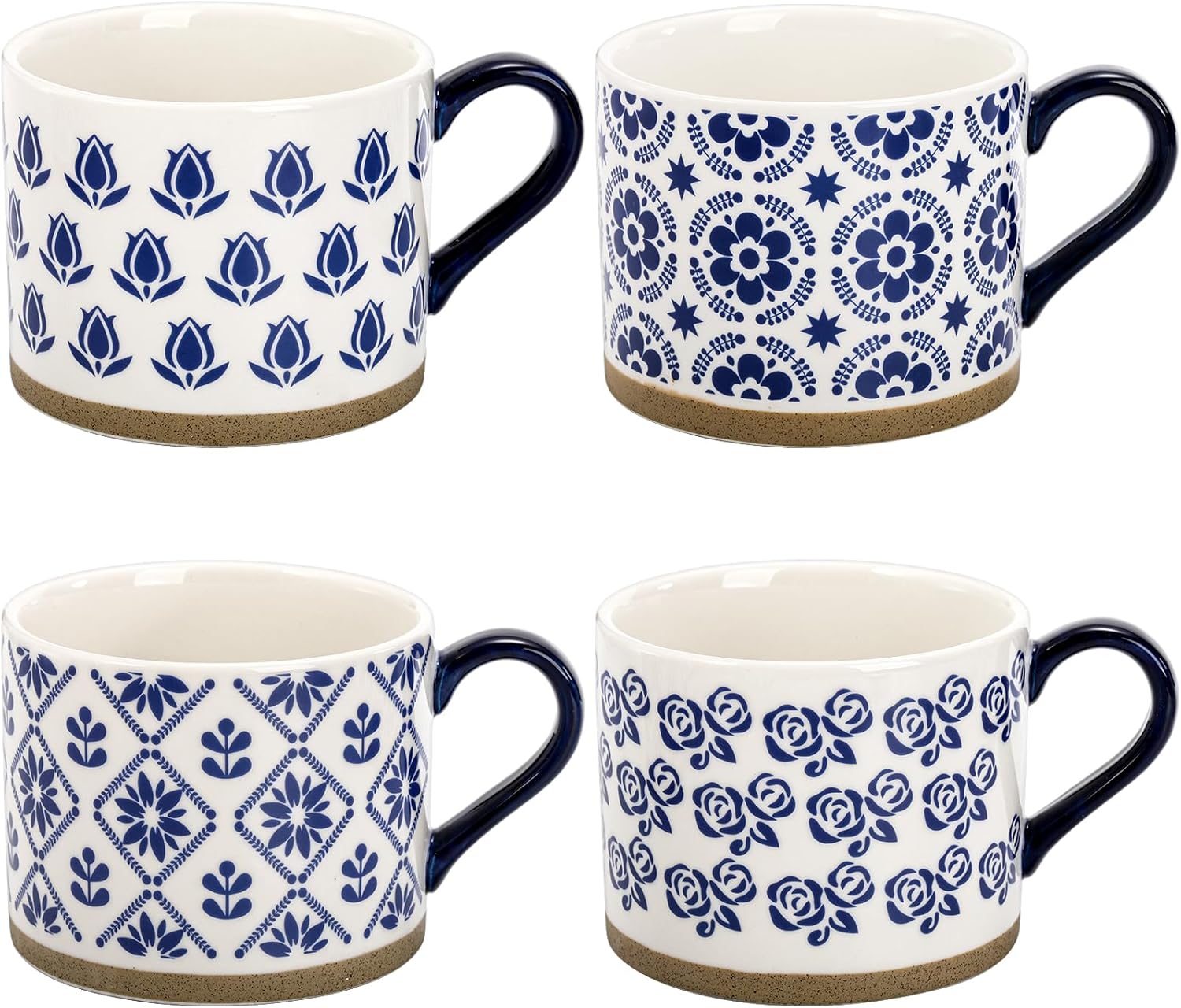 Coloch Paquete de 4 tazas de café de cerámica con asa, tazas de café azules de 14 onzas, tazas de café impresas a mano, tazas de té de cerámica para