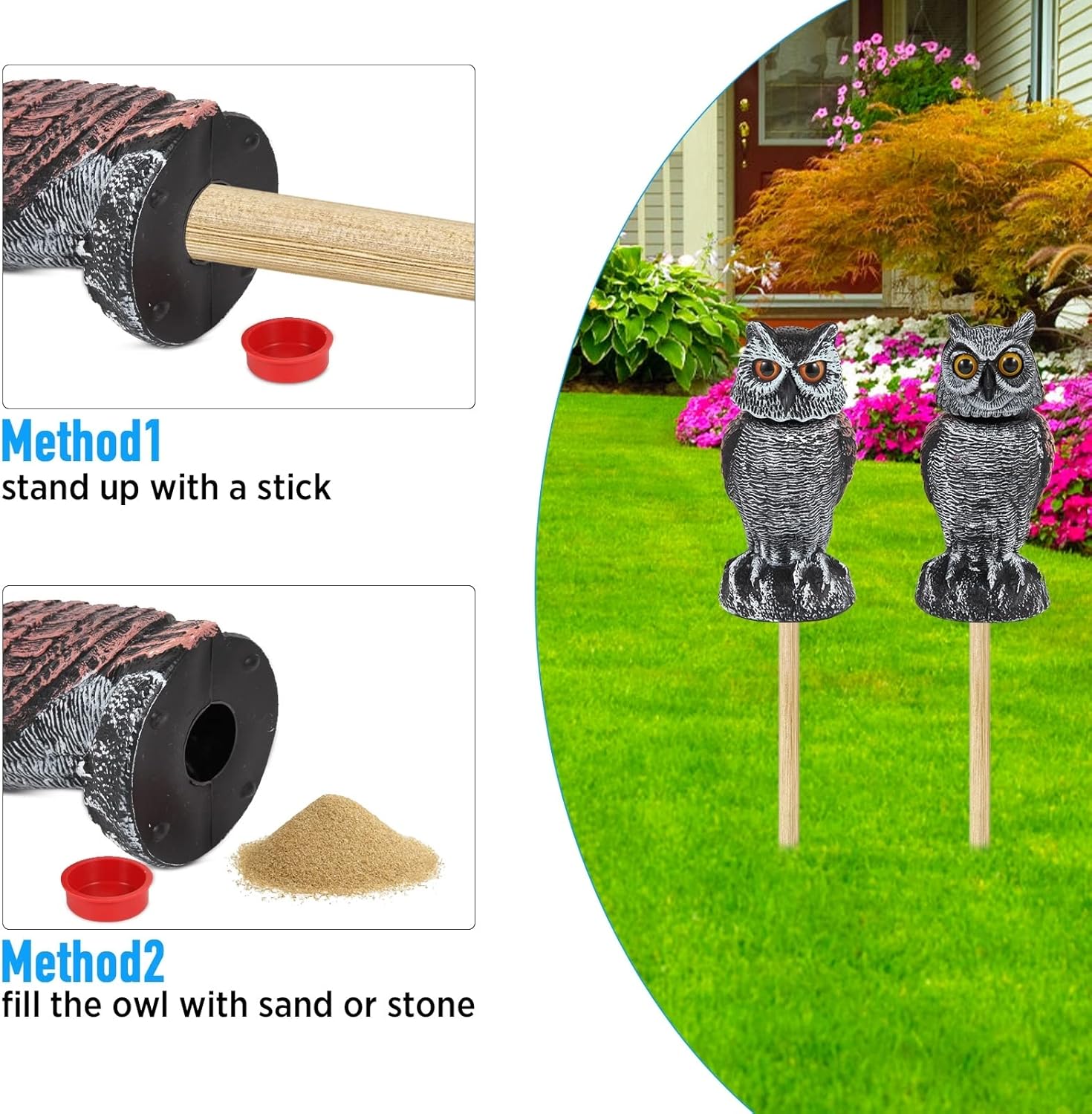 Paquete de 2 señuelos falsos de búho para asustar a las aves lejos de jardines y patios, disuasorios de pájaros de búho de cabeza giratoria,