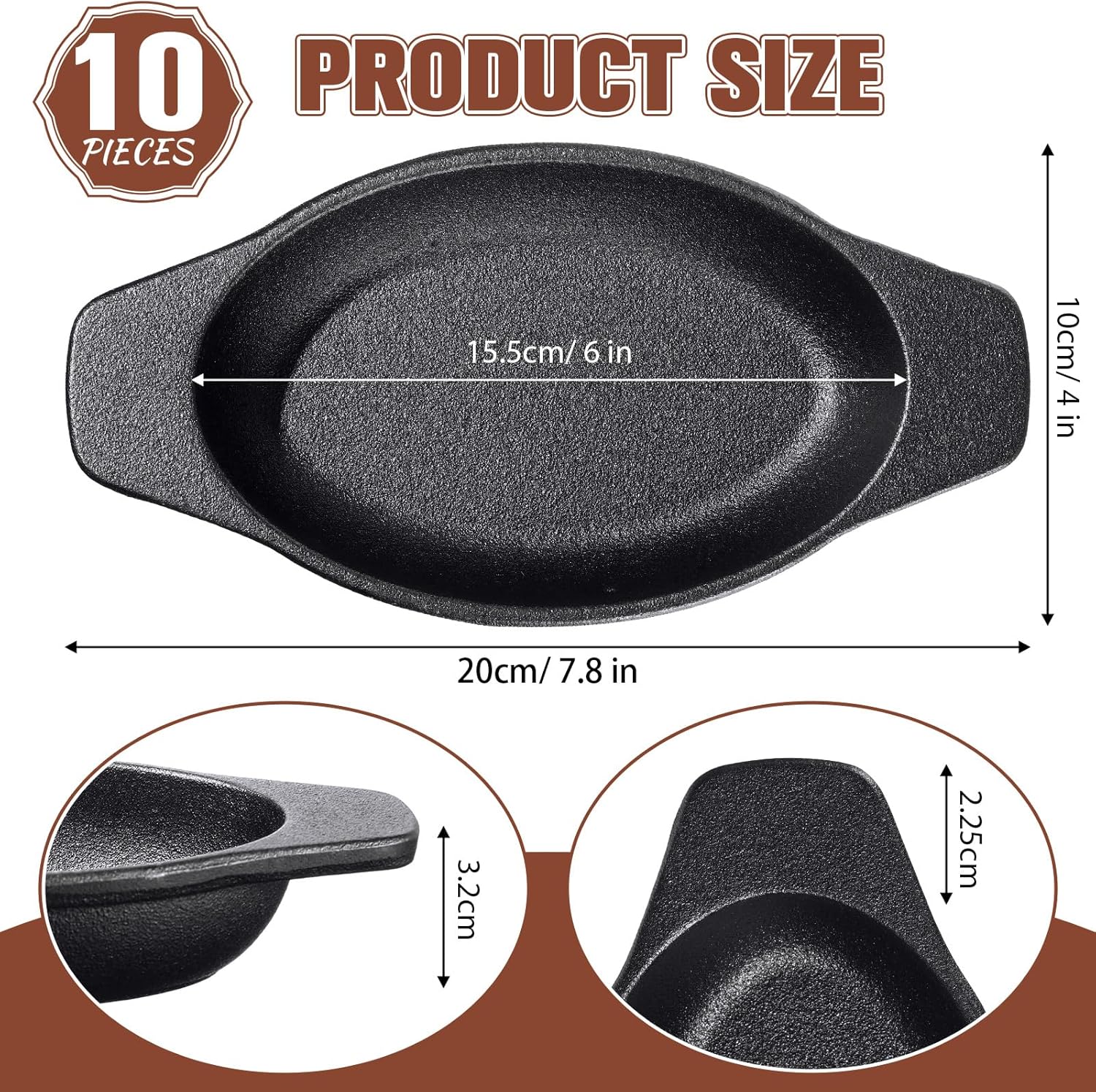 10 sartenes pequeñas de hierro fundido de 4 x 6 pulgadas, mini sartenes ovaladas para servir fajita a granel con asa chisporroteante plato de sartén