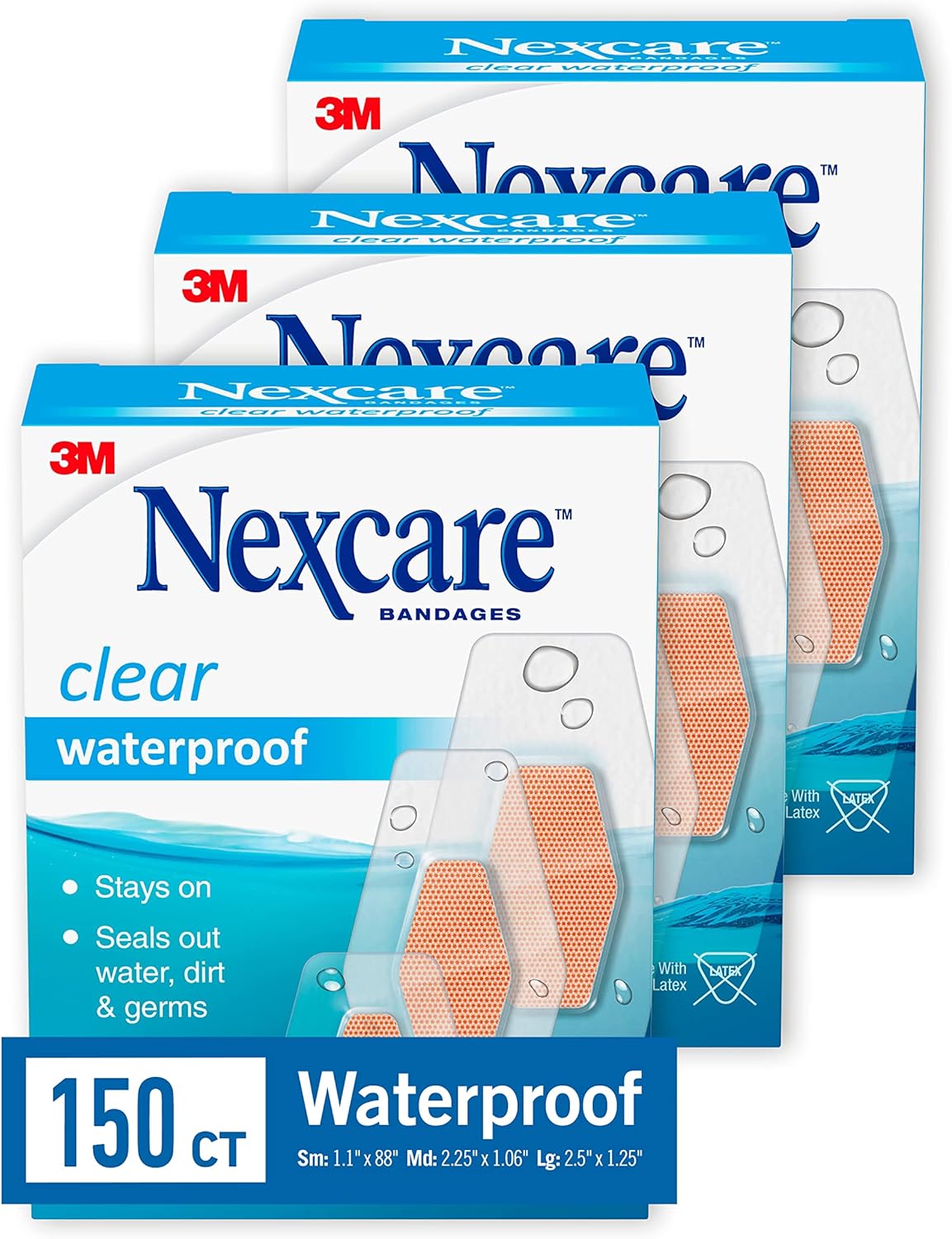 Nexcare Vendajes impermeables, paquete familiar, prácticamente invisible, 200 unidades, tamaños surtidos