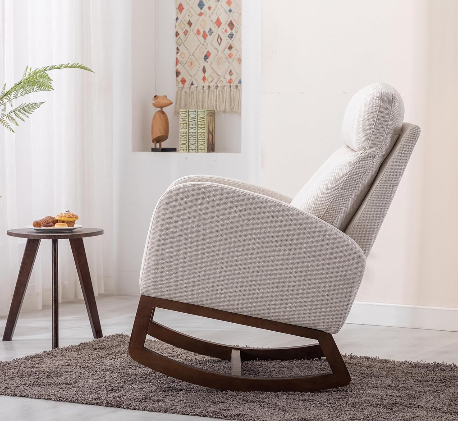 Mecedora moderna para guardería, silla mecedora tapizada con bolsillo lateral, cómoda silla de guardería con respaldo alto, sillón decorativo con